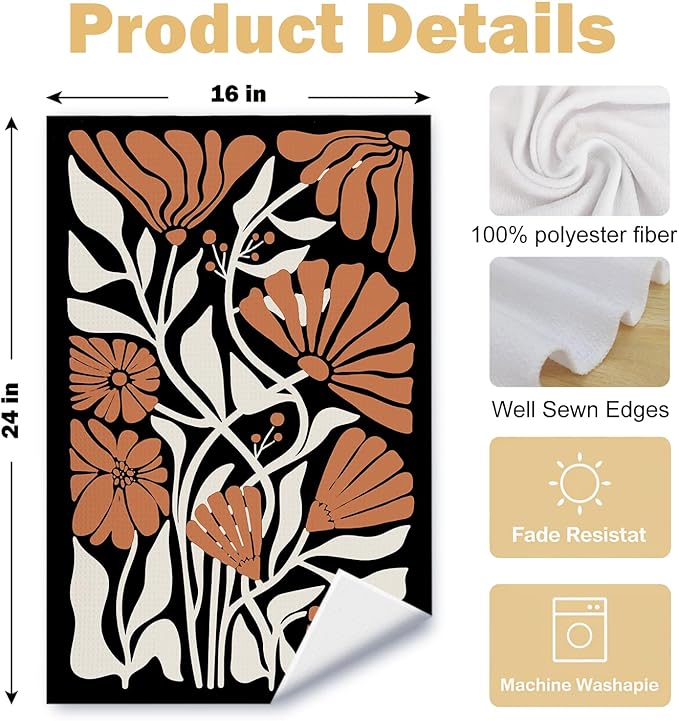 Abstract Boho Black and Beige Brown Floral Kitchen Towels Set of 2, 70s Retro