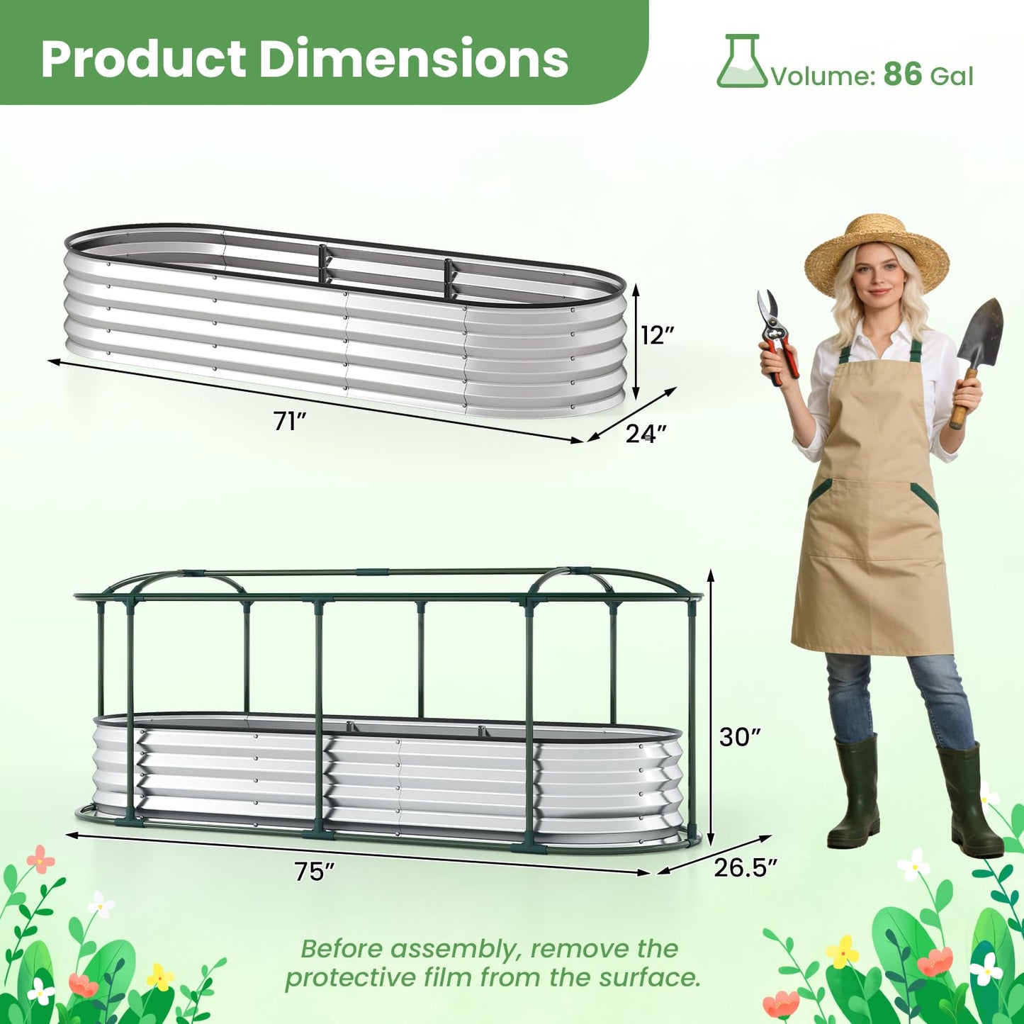 Giantex Raised Garden Bed w/Greenhouse Cover, Outdoor Oval Metal Steel Planter Box w/Roll-up Window, Clear PVC Mini Greenhouse for Vegetables Flowers Herbs Outdoor Patio Gardening, 6x2x1 FT (Silver)