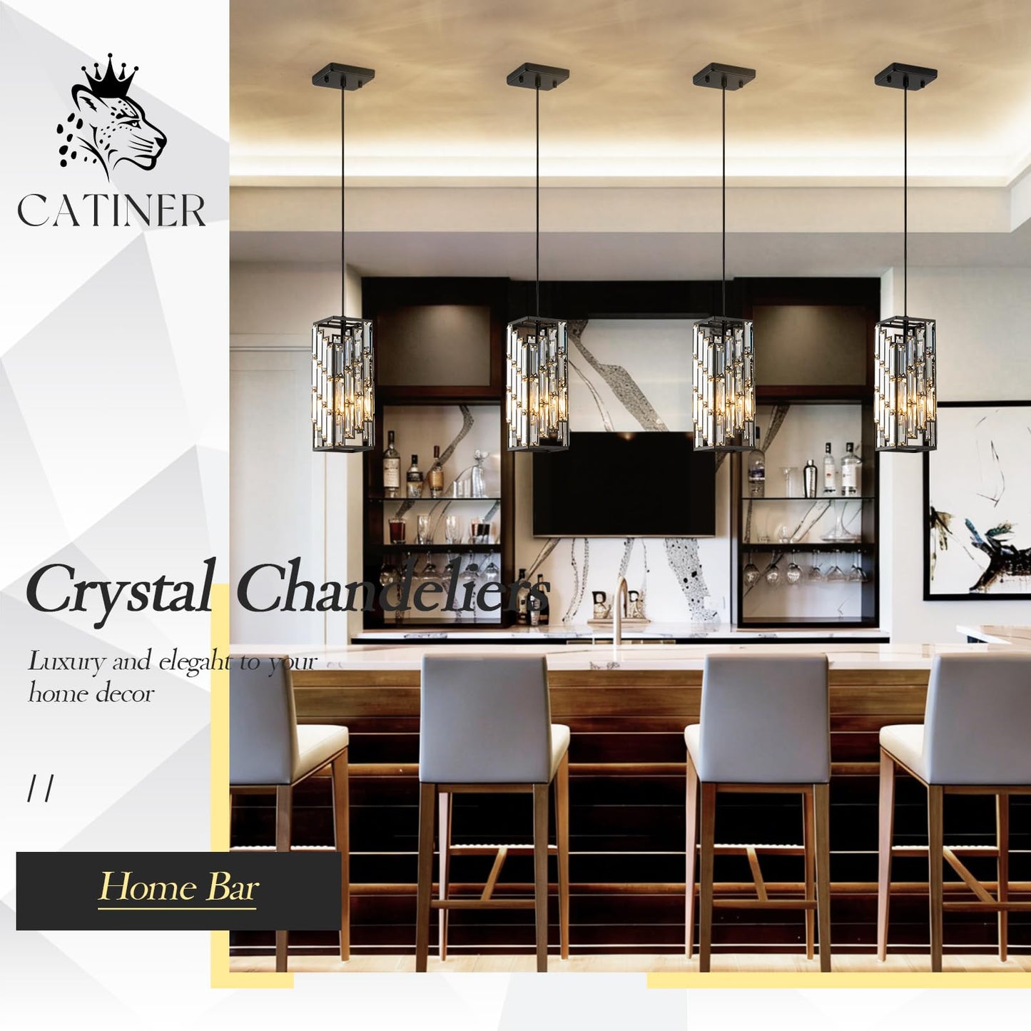 CATINER Black Crystal Pendant Light, Mini Hanging Light Fixture with Adjustable Cord, Modern Industrial Pendant Lighting for Kitchen Island, Dining Room, Bedroom, Hallway, E26 Base (1 Pack)