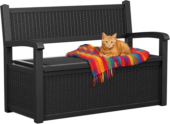 EasyUp 80 Gallon Outdoor Storage Bench Lockable Deck Box Outdoor Storage Box Waterproof for Patio,Garden,and Porch – Perfect for Storing Garden Tools and Cushions(Black)