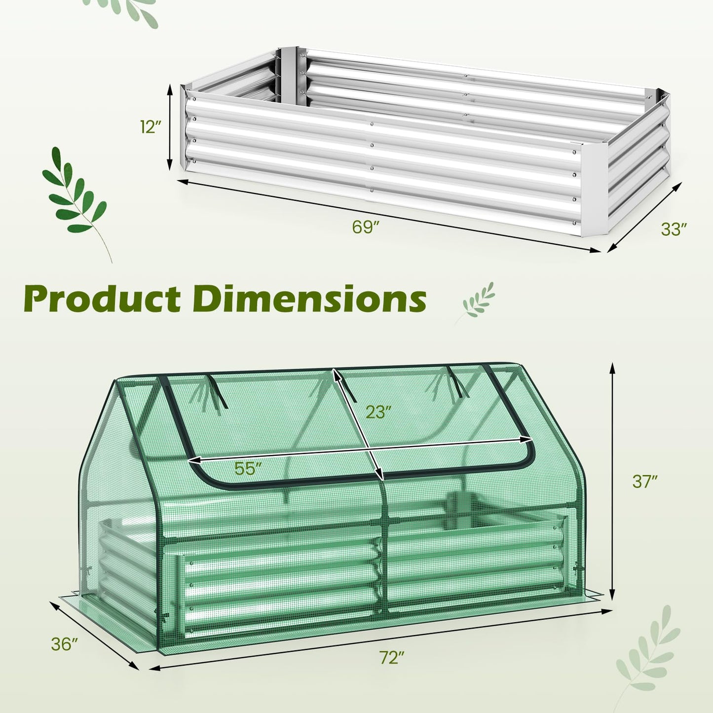 Giantex 3-in-1 Metal Raised Garden Bed with Greenhouse Cover, 6x3x3 FT Metal Elevated Outdoor Planter Box with Roll-Up Windows, Open Base Grow Box for Vegetables, Flowers and Herbs, Green