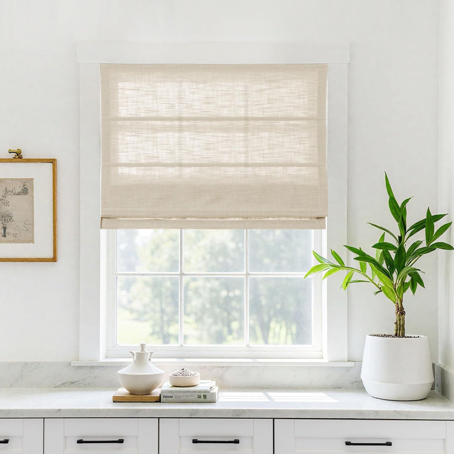 TWOPAGES Linen Roman Shades for Windows Custom Cordless Blinds for Indoor Windows,French Doors,Bedroom, Living Room, Bathroom(Sand Beige, Custom Made)