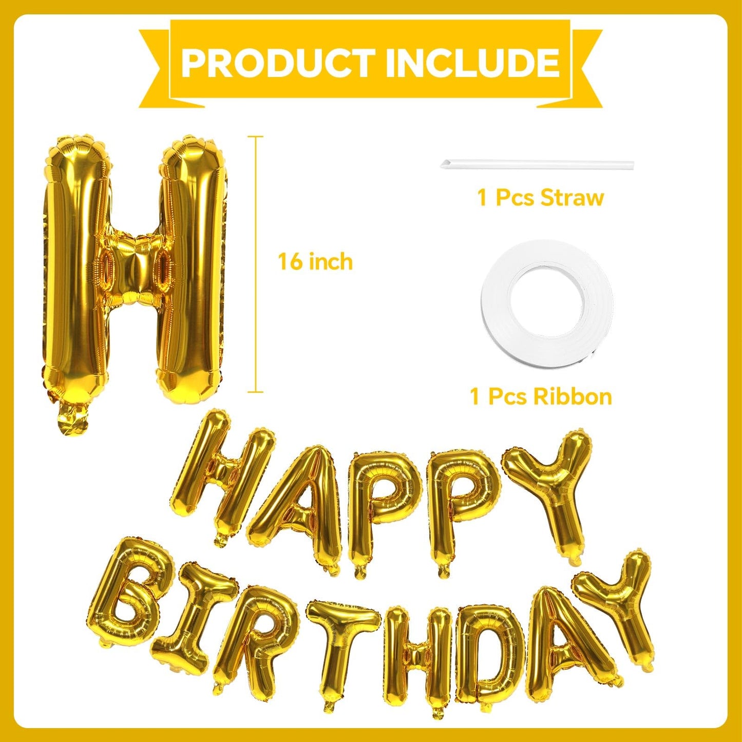 Gold Happy Birthday Balloons Banner,16 Inch Mylar Foil Letters Sign,Reusable Balloons for Women, Men, Boys & Girls Birthday Decorations Party Supplies