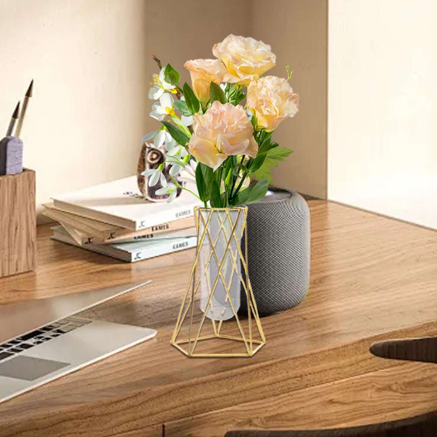 Hyuetrsa 12 Pcs Gold Geometric Vase for Centerpieces, Glass Vase with Metal Flower Stand Hydroponic Plant Test Tube Modern Vases for Wedding Home Decor(6.3 Inch)