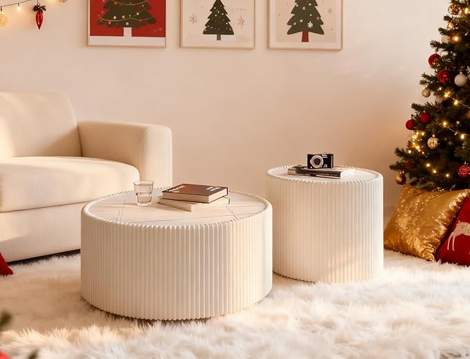 Round Marble End Table, 17.72" White Small Side Table
