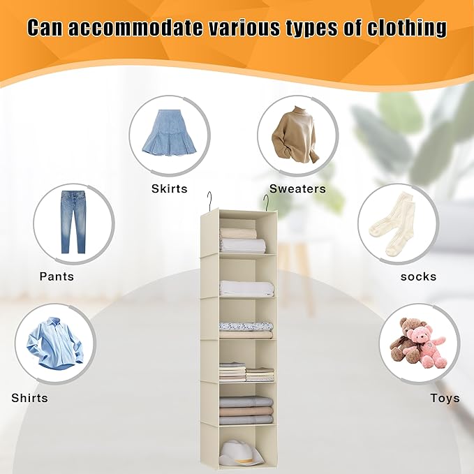 Hanging Closet Organizer, Easy Mount Foldable 6-Shelf Hanging Closet Wardrobe