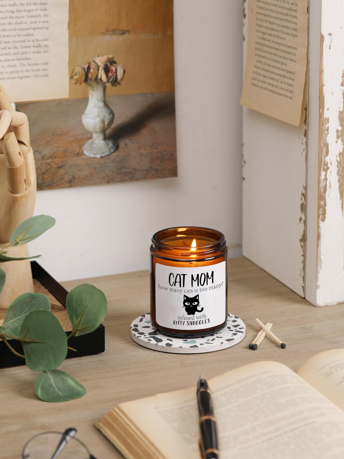 Cat Lover Gifts for Women, Cats Mom Candle, Thanksgiving Funny Cats Themed Gift for Mothers Day, Christmas, Birthday Gift,Cat Gifts for Cat Lovers, Cat Moms, Dad, Sandalwood & Rose Scented Candle,7OZ