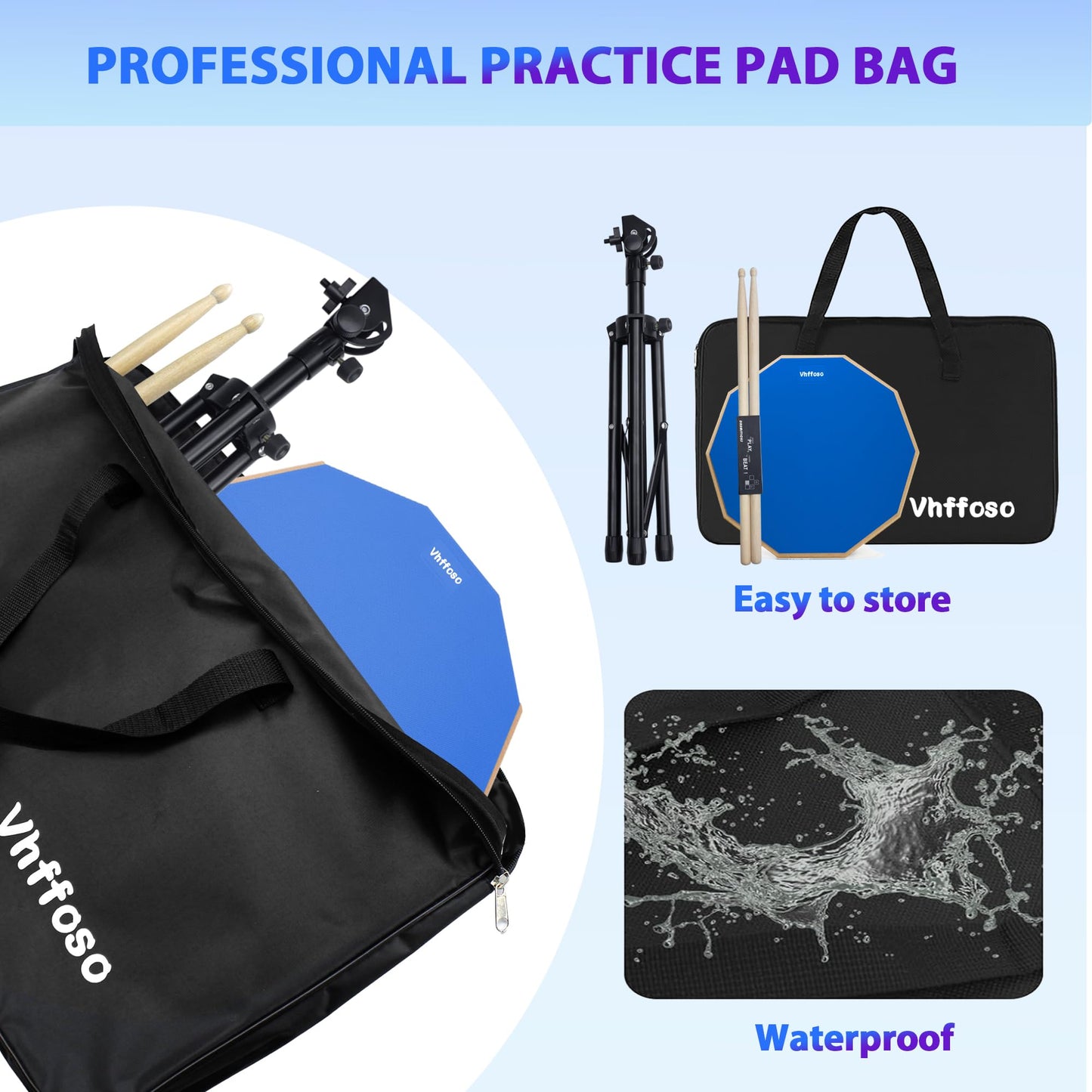 12 Inch Practice Drum Pad with Stand and Sticks, Beginner Snare Drum Pad with Drumsticks(2 pairs) and Carrying Bag, Double Sided Silent Drum Pad (Blue)