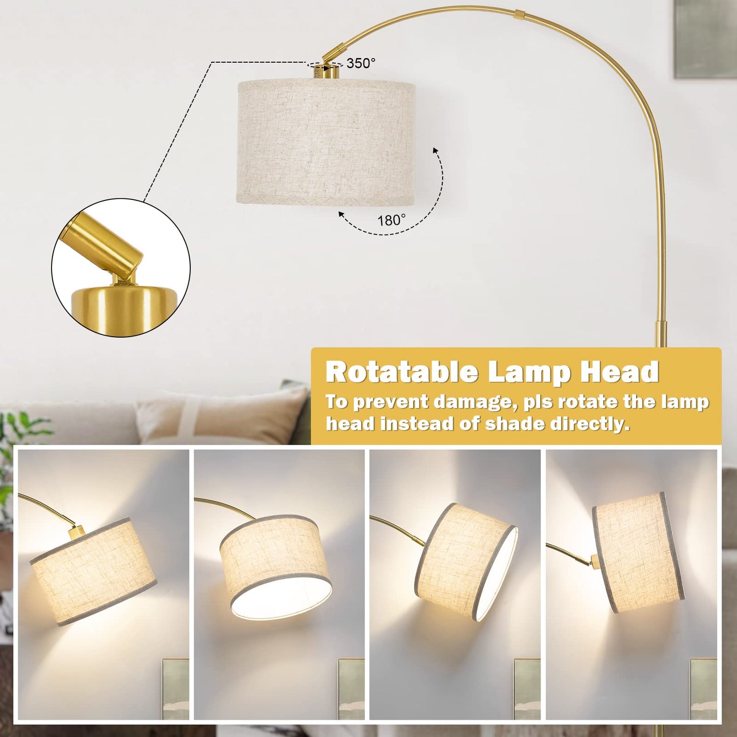 Gold Arc Floor Lamp, Dimmable Floor Lamp for Living Room, Mordern Standing Light with Adjustable Lamp Head, Tall Pole Lamp Over Couch Arched Light for Reading, Bedroom, Office, 9W LED Bulb Included