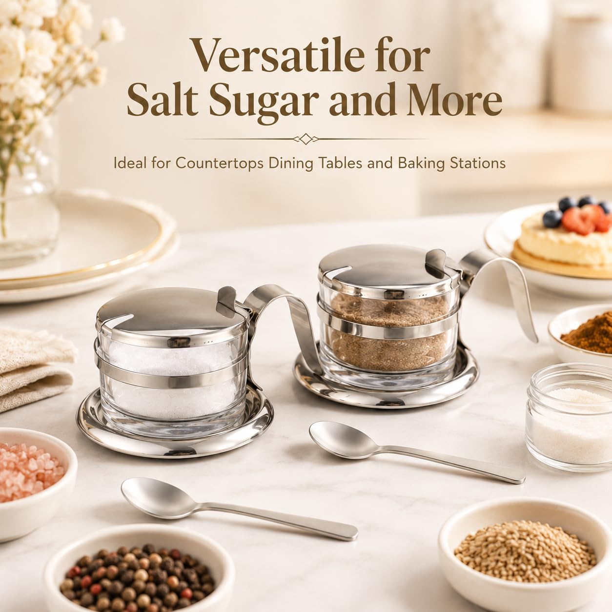 2 PCS Stainless Steel Salt Server with Spoon, Glass Salt Cellar for Countertop, Heavyweight Seasoning Jar Set with Flip Lid, Elegant Sugar Pepper Container for Home Kitchen Baking Station