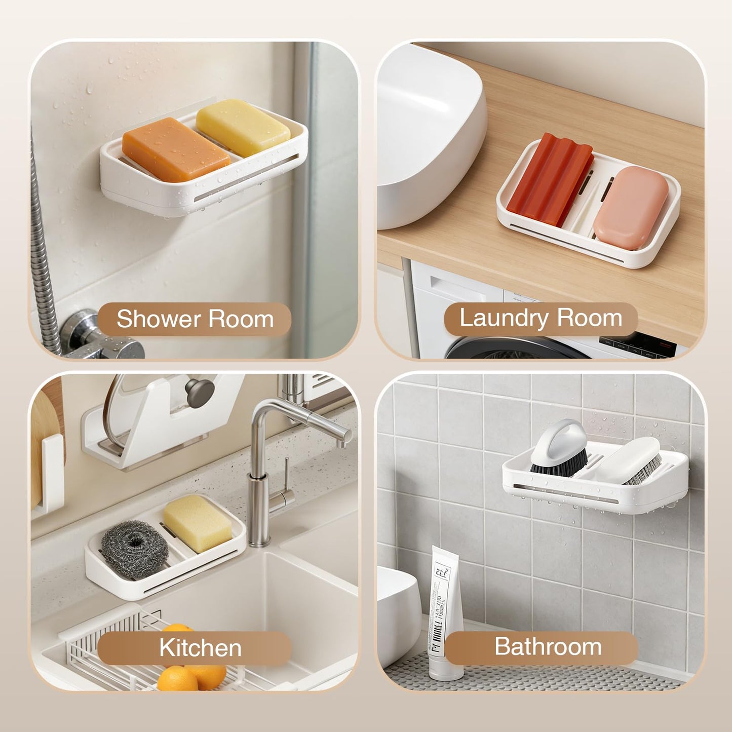 HAVICATO Soap Dish with Raised Ridges for Self-Draining, Wall-Mount or Countertop, ABS Plastic, White
