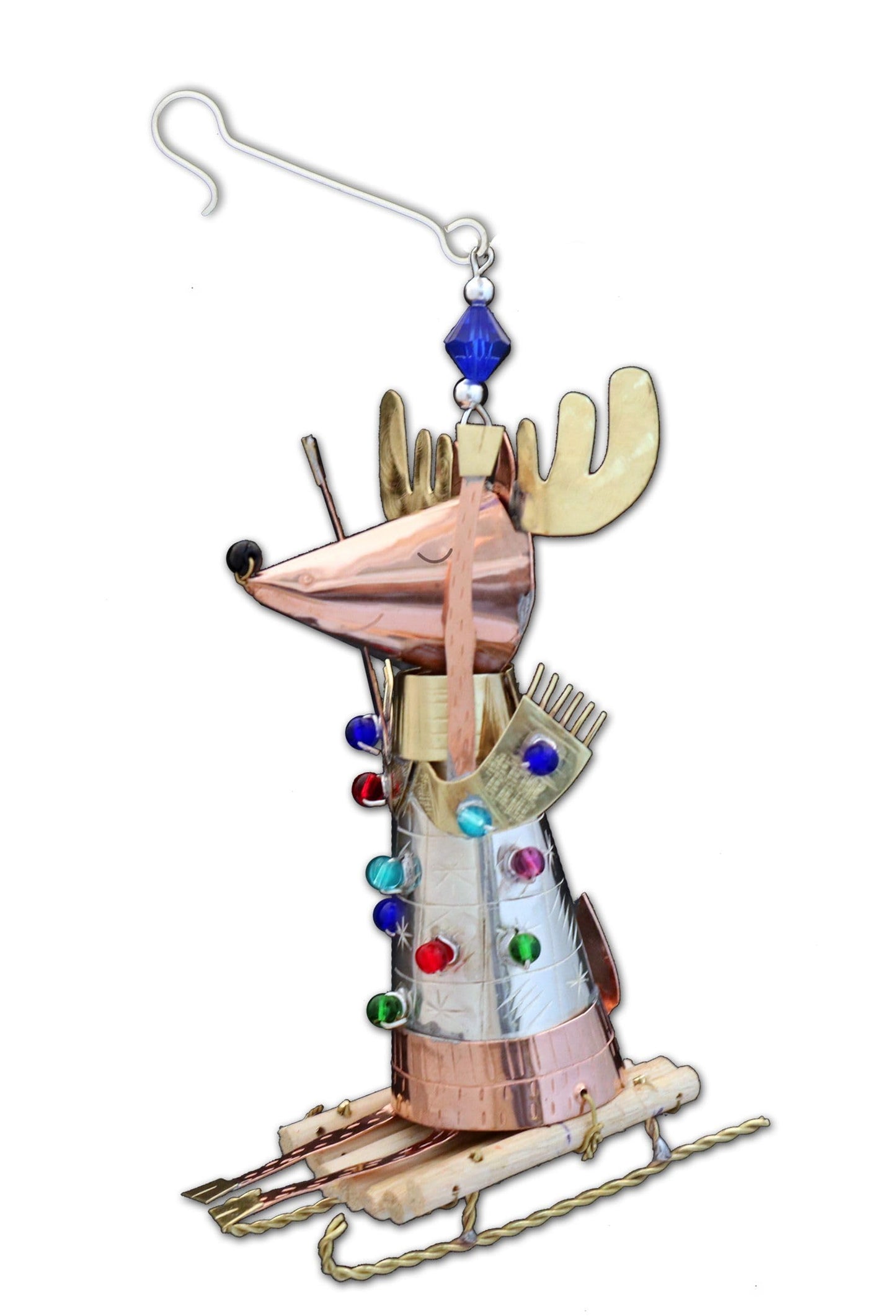 Pilgrim Imports Bronze Nickel and Copper Hanging Ornament Handmade Fair Trade - 3-D Sledding Reindeer Ornament