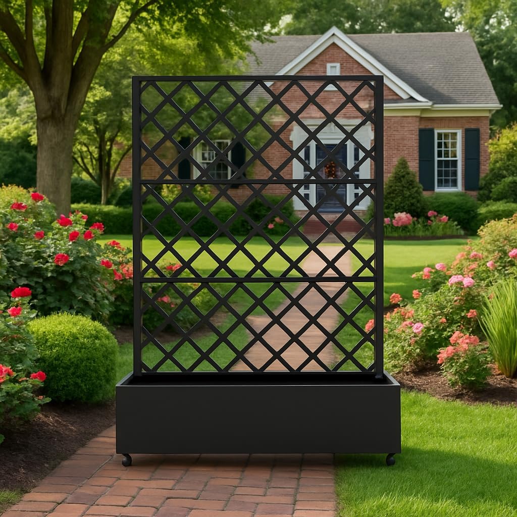 GAOMON Metal Planter Box with Diamond Lattice Trellis & Wheels, Raised Garden Bed w/Privacy Screen & Drainage Hole for Climbing Plants, Flower & Vine (72 in x35 in Black)