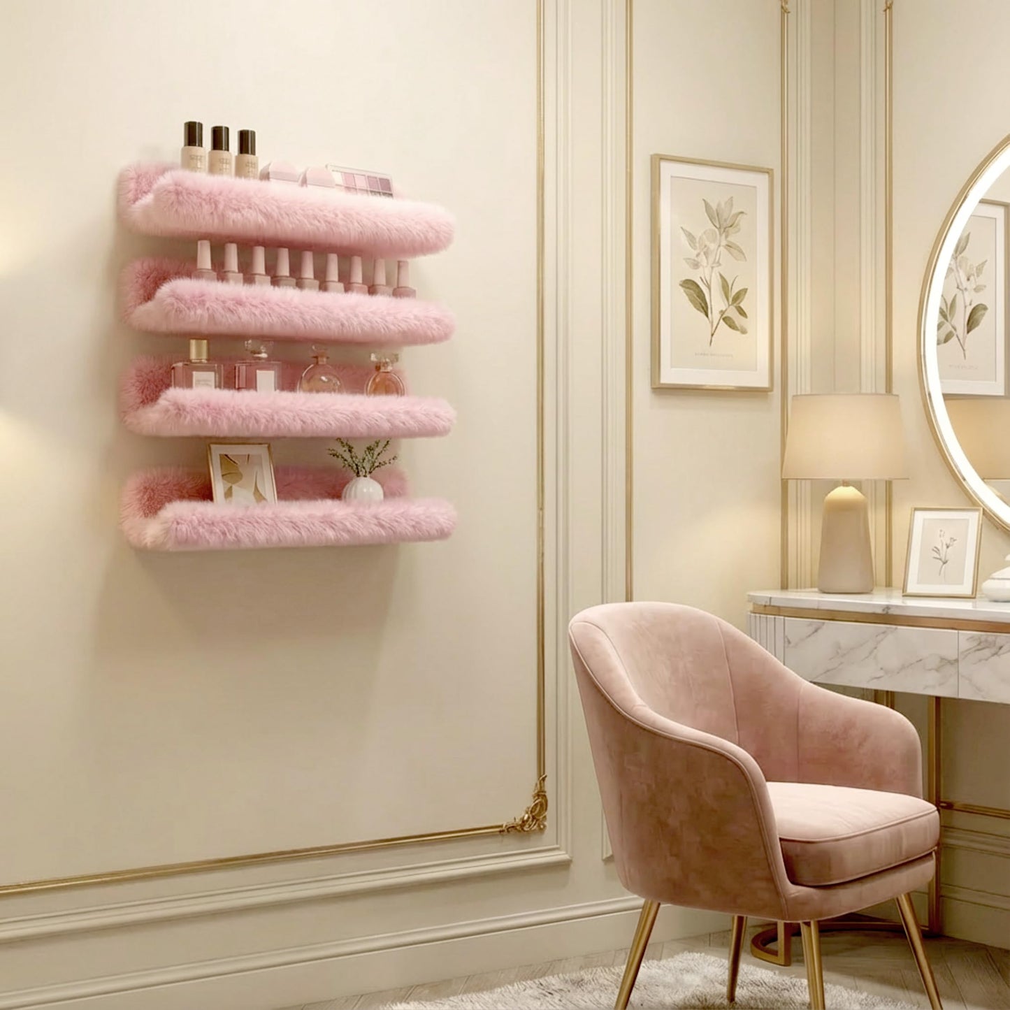 Care&More YJ 15 Inch Nail Polish Shelves, 4-Pack Fuzzy Display Nail Polish Rack for Storing Nail Bottles, Sunglasses, Essential Oils, Plush Soft Pink