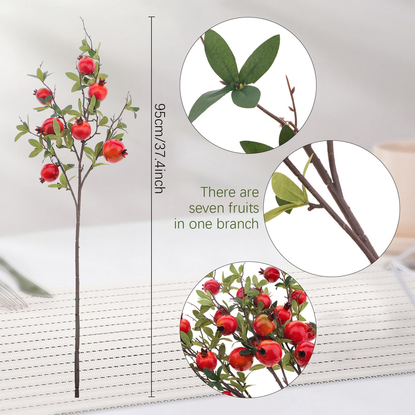 Woration 3PCS Artificial Pomegranate Tree Branches 37.4 inch Fake Vivid Fruit Pomegranate Berries Branches Lifelike Props Vase Home Party Decoration