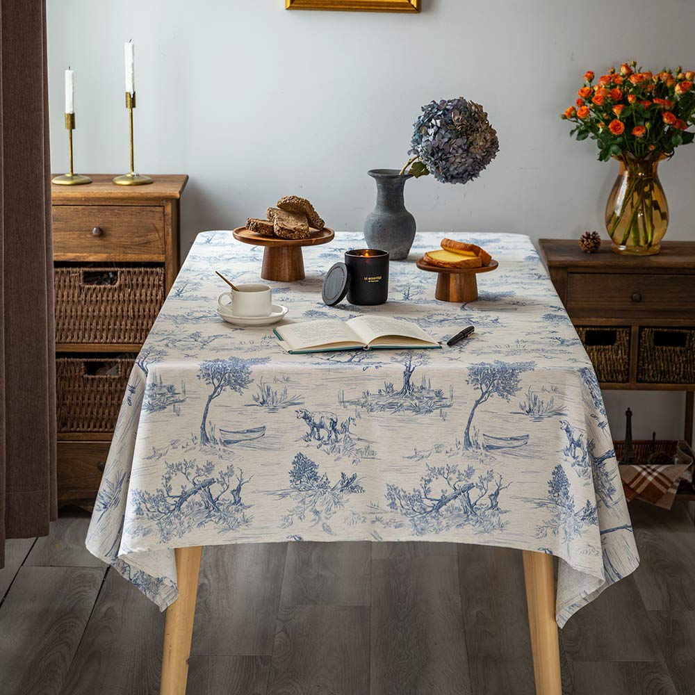 GLORY SEASON Rustic Tablecloth Classic French Village Printed Linen Fabric Table Cover Farmhouse Decoration 55x102 Inches Rectangle/Oblong Blue for Kitchen Dining
