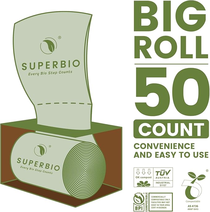SUPERBIO 13 Gallon Flat Top Compostable Food Waste Bags, 2 Pack, 0.87 Mil