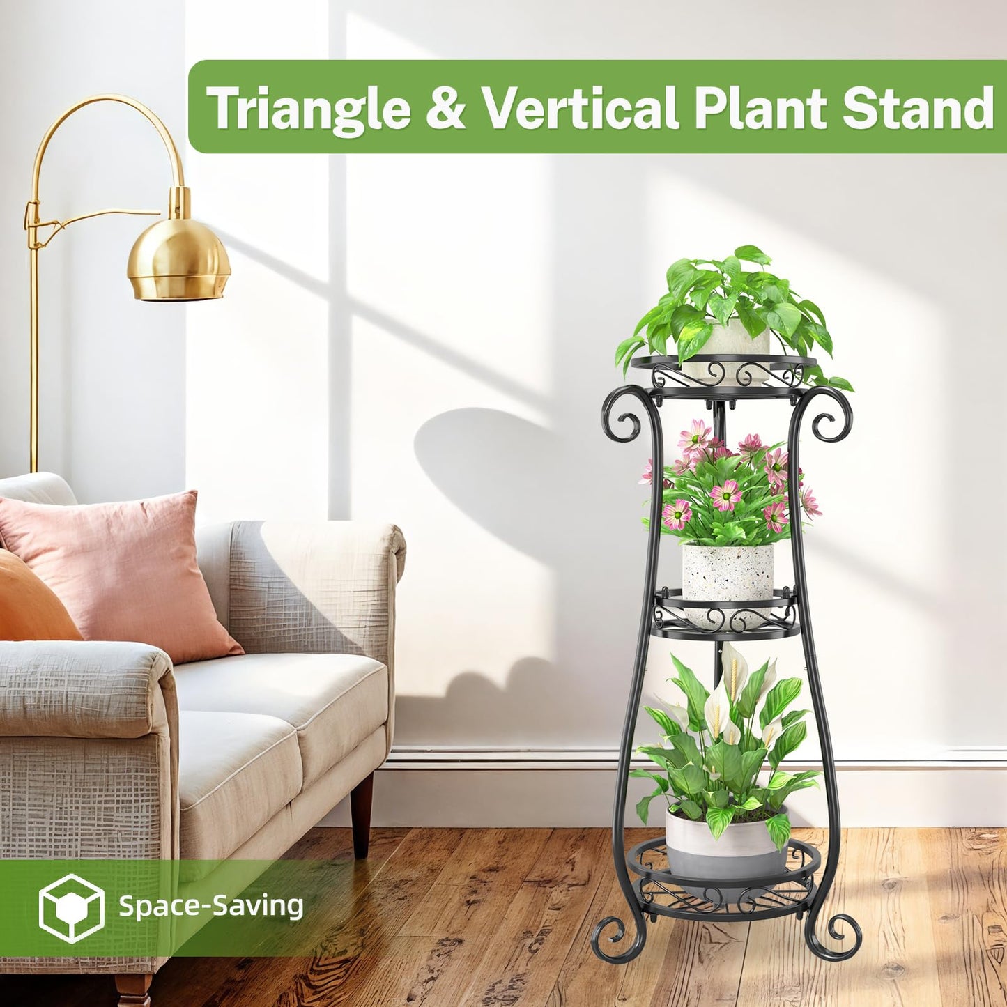 iDavosic.ly 3 Tier Metal Plant Stand Indoor Outdoor, Wrought Iron Corner Tall Flower Pot Holder Shelf, 34 Inch Vertical Heavy Duty Display Rack for Patio Porch Living Room Garden, Black