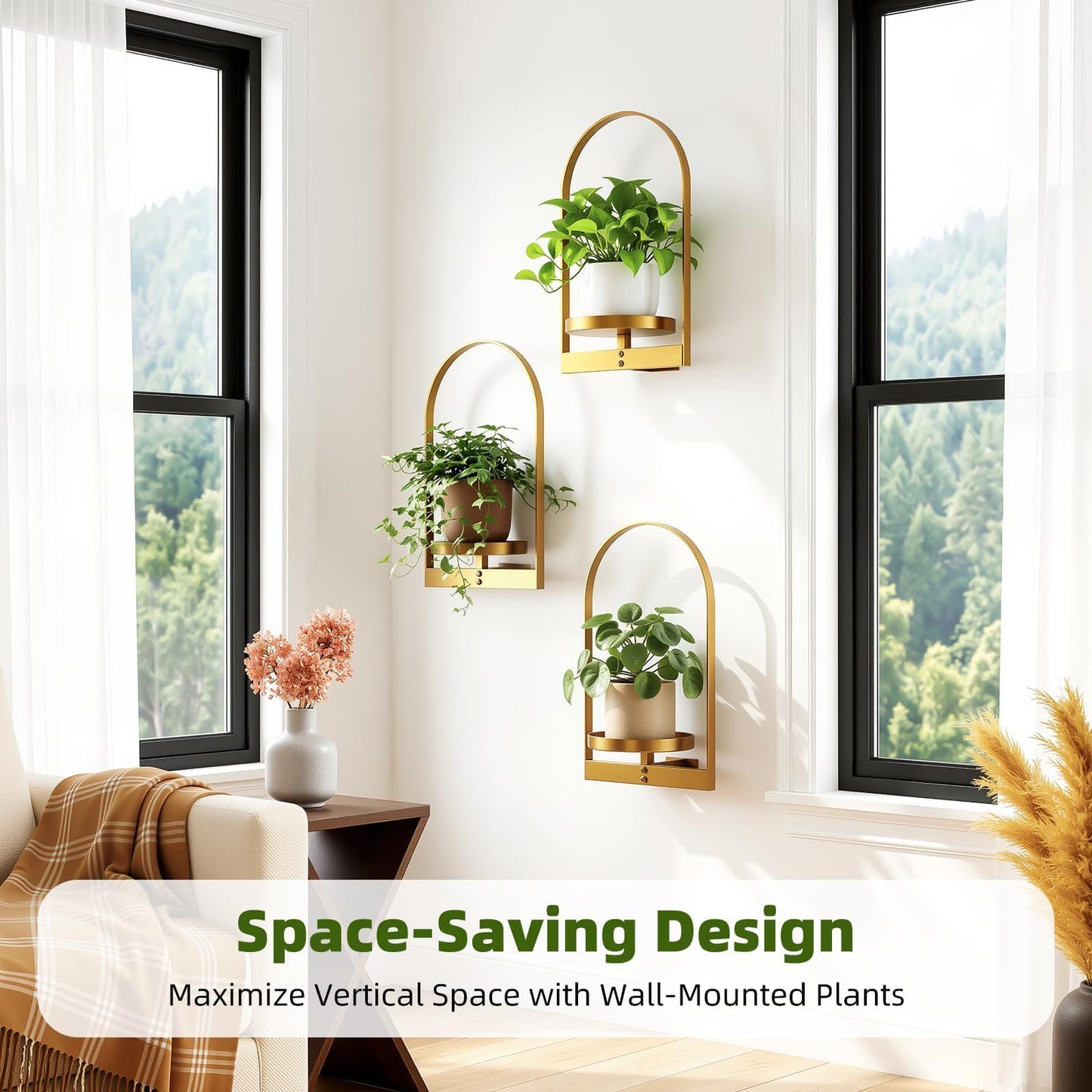 3 Pack Gold Wall Plant Holder for Indoor Plants, Metal Wall Mounted Plant Shelf for Small Pots, Decorative Hanging Wall Planter Display, Modern Wall Decor for Living Room, Bedroom, Entryway, Office