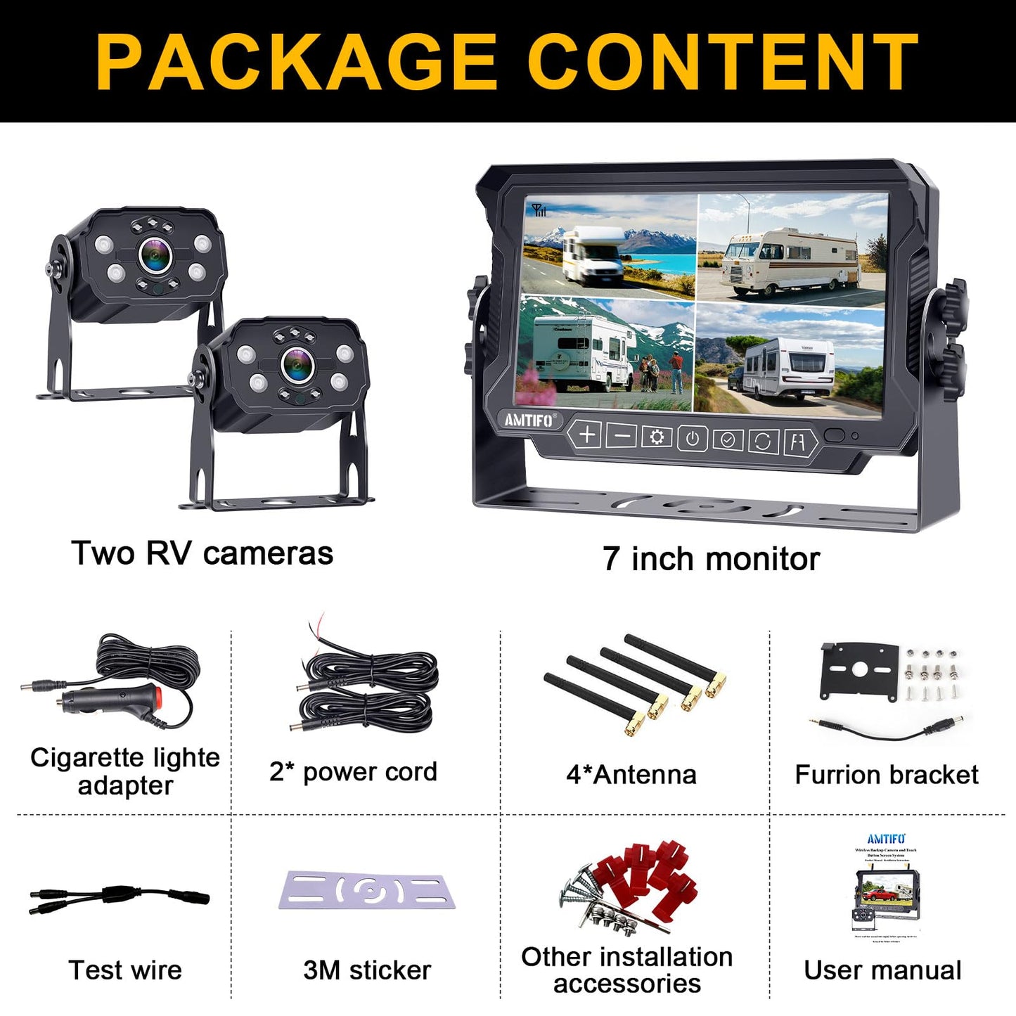 AMTIFO Wireless RV Backup Camera System - 2 HD 1080P Cameras with 7" Split-Screen Monitor,Compatible with Furrion Pre-Wired RVs,Loop Recording,Night Vision,Easy Install for Trailers Campers Trucks