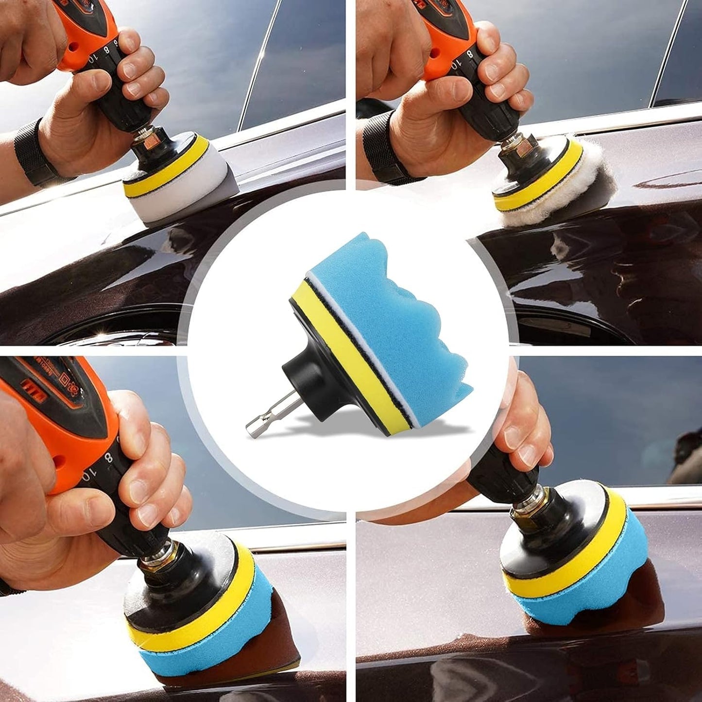 GOH DODD 33 Pieces 4 Inch Buffing Polishing Pads, Car Foam Drill Polishing Pad Kit Sponge Pads Buffer Polisher Kit Headlight Restoration Kit with Wool Pads for Car Polishing, Waxing and Cleaning