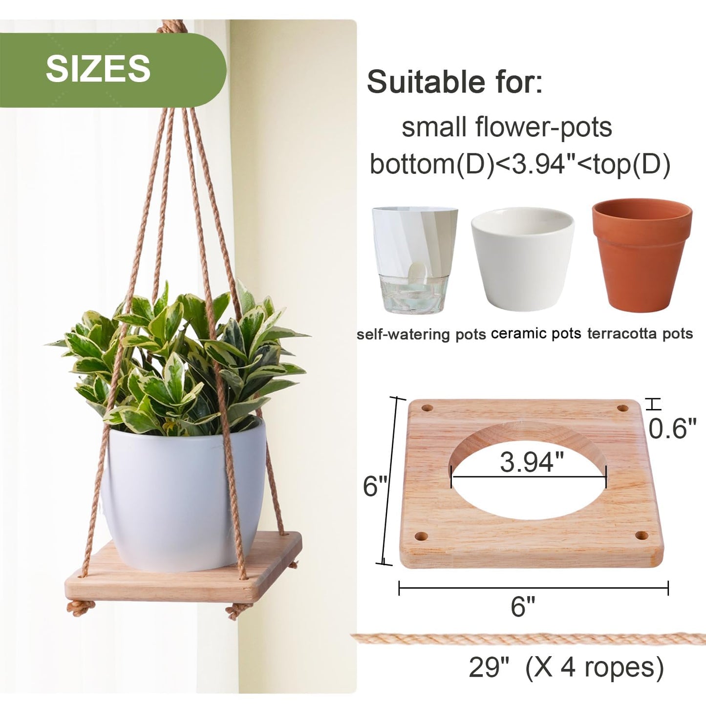 2 Pack Adjustable Hanging Plant Hanger, Hanging Planter Shelves for Indoor Plants, Hanging Flower Pots Holder, Wood Wall Hanging Planter Hanger for Window Ceiling Porch Deck Patio(Pots not Includ)