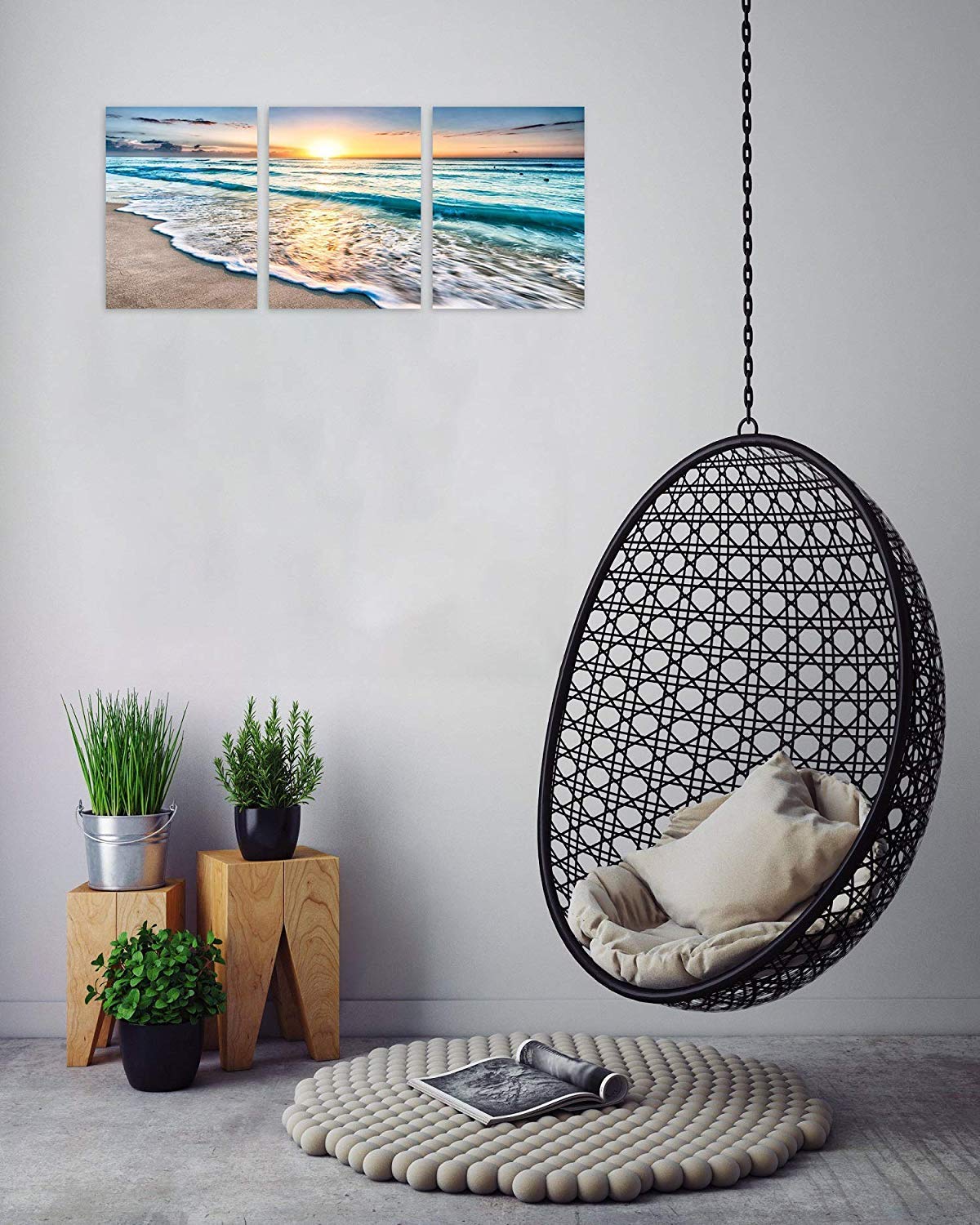 TutuBeer 3 Panel Beach Canvas Wall Art for Home Decor Blue Sea Sunset White Beach Painting the Picture Print on Canvas Seascape the Pictures for Home Decor Decoration,Ready to Hang