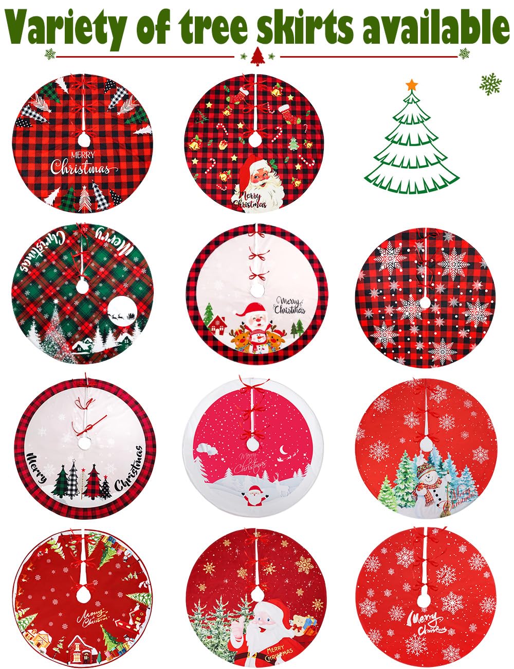 Multiwins Christmas Tree Skirt 48 inches, Red Tree Skirt Ornaments Soft Plush Christmas Tree Mat with Cute Santa Claus White Reindeer Christmas Tree Skirts for Holiday Party Indoor Outdoor