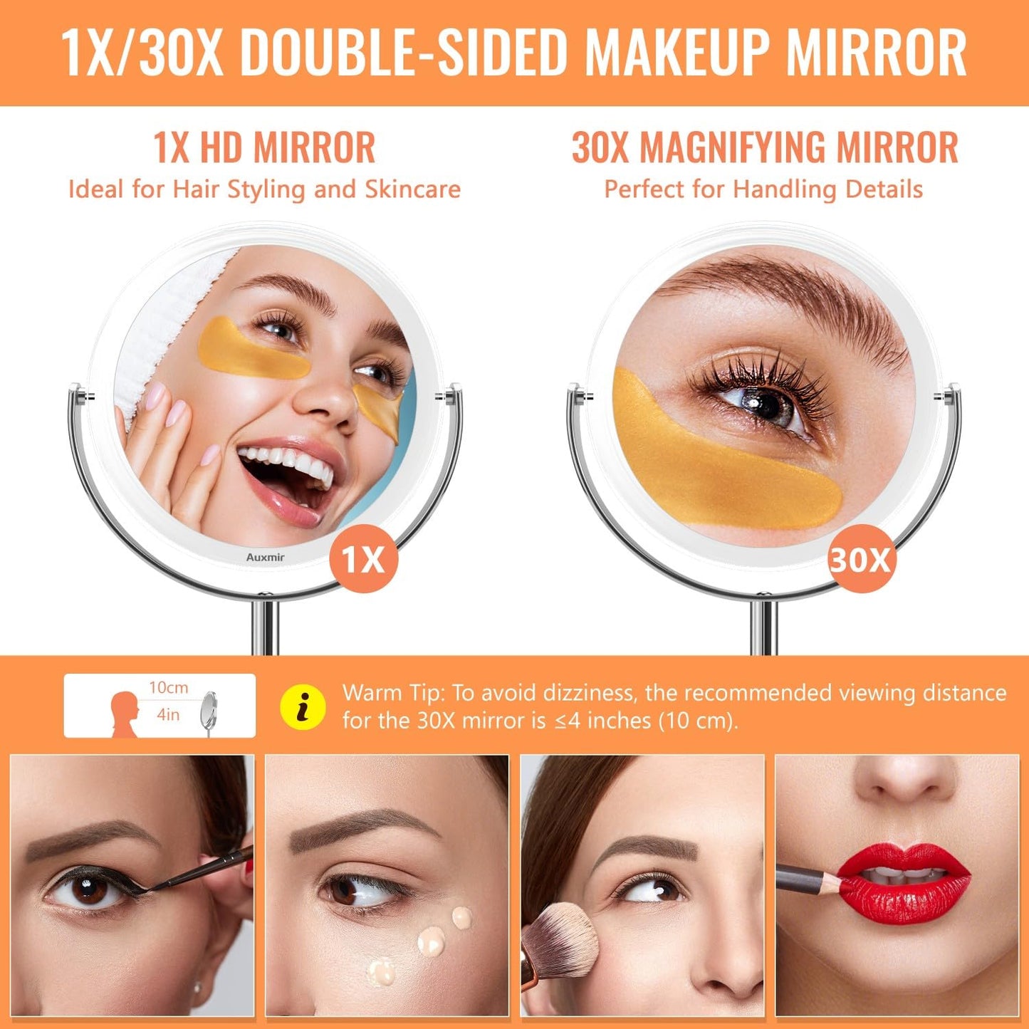 Auxmir 30X Magnifying Mirror with Tweezers, Double Sided 30X/1X Magnifying Makeup Mirror with Stand, 360ยฐ Rotation Bathroom Vanity Mirrors for Shaving, Dressing Table, Desktop, Bedroom