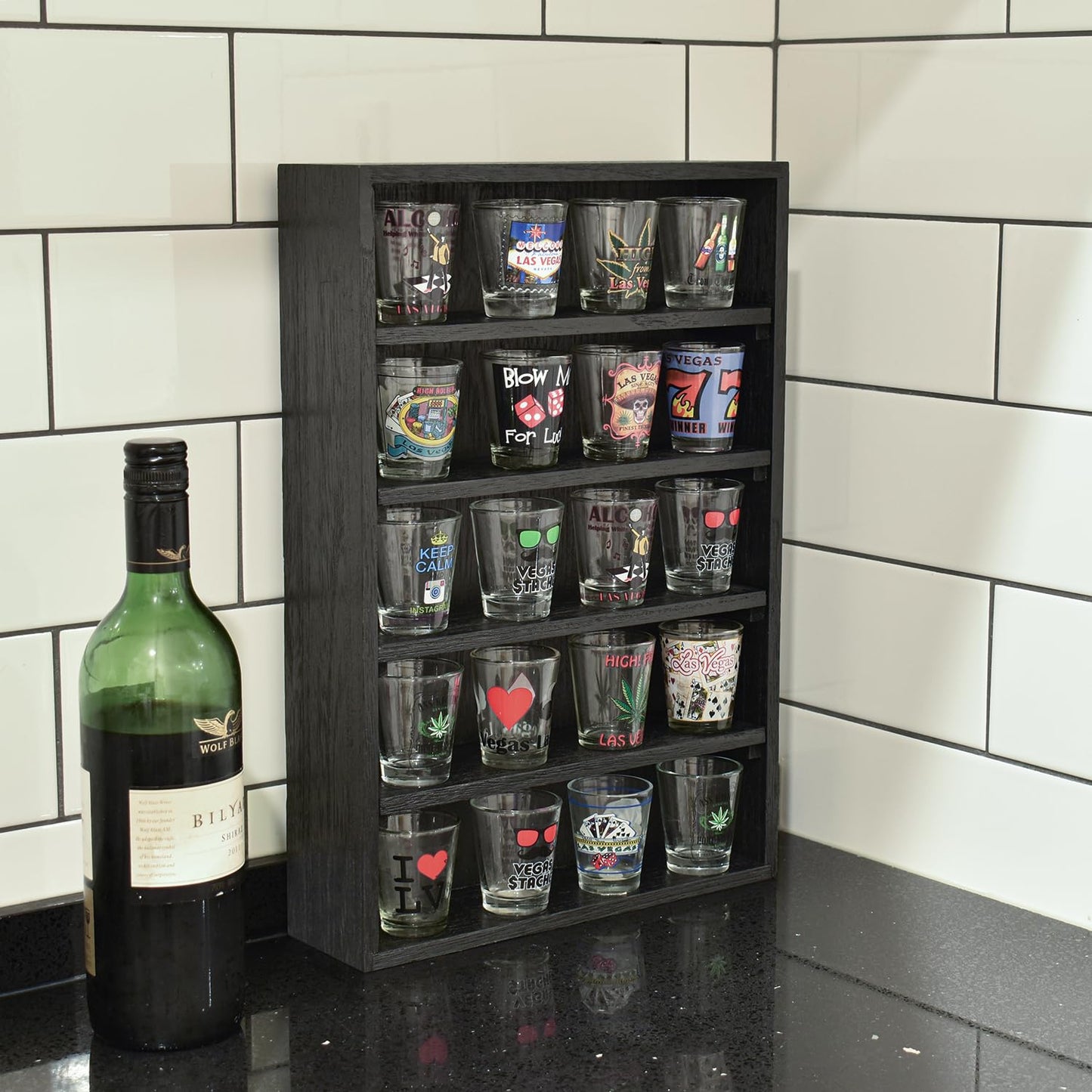 Ikee Design Wooden Wall-Mounted Display Shelves Rack for Collectibles, Figures,Shot Glasses,Spice Can,Cosmetics or Perfume, 5 Adjustable Height Shelves,Space-Saving, Black Color