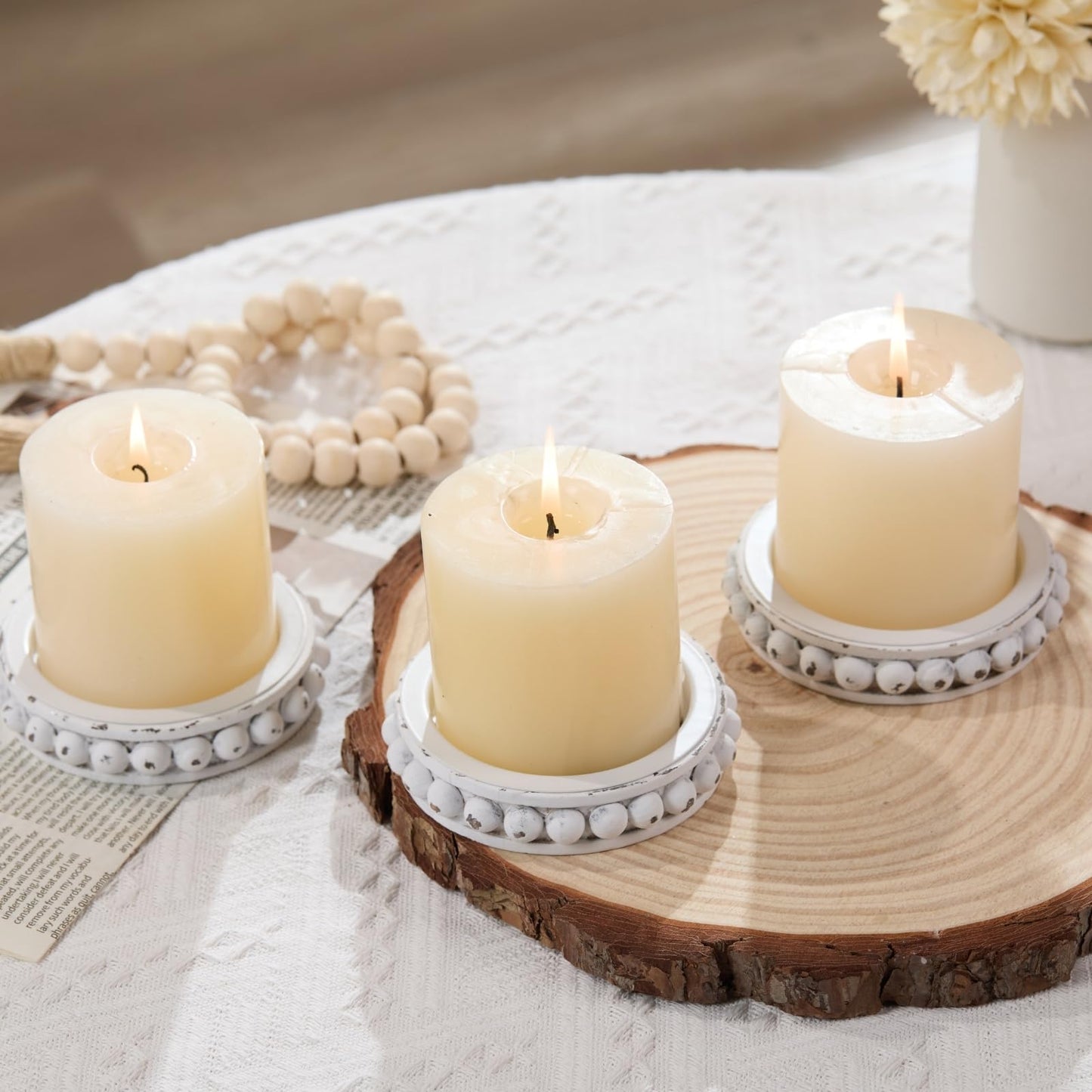 THORNIA Wooden Candle Holders for Pillar Candles, Set of 3 Wood Beaded Plate with Metal Cup Inserts, 4 Inch Rustic Farmhouse Tray Stand for Fireplace Mantel, Table Centerpiece Decor - White