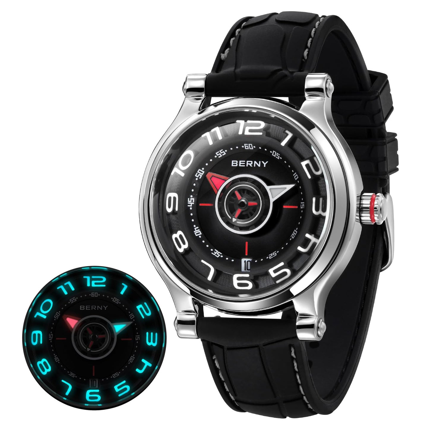 BERNY Mechanical Watch for Men Automatic Movement Miyota 8215 Multifunction Calendar Luminous Hands Exhibition Back Cover 5ATM Waterproof