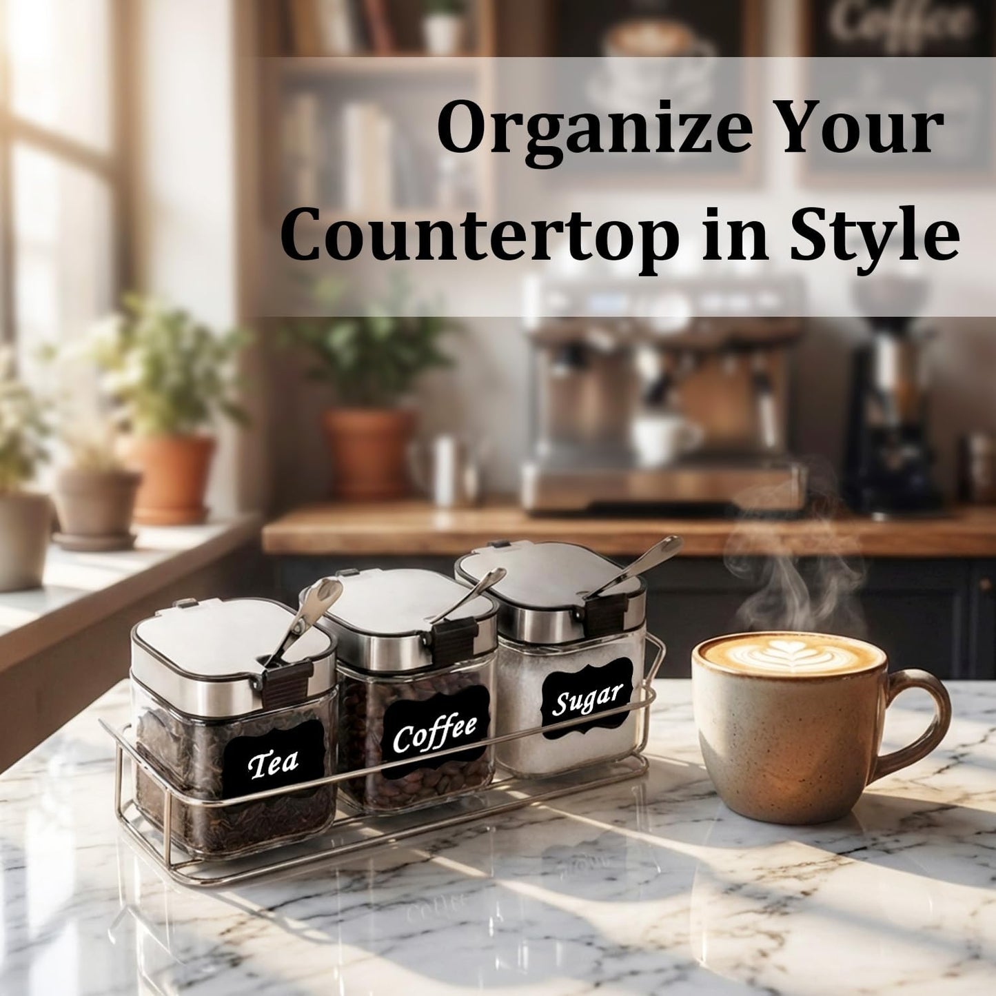 Aelga Glass Sugar Canister Set with Lid, Spoons and Rack, 3 Pack Sugar Container for Coffee Bar, Stainless Steel Flip-Top Lid, Salt and Spice Jar for Kitchen Countertop, Coffee Bar Accessories