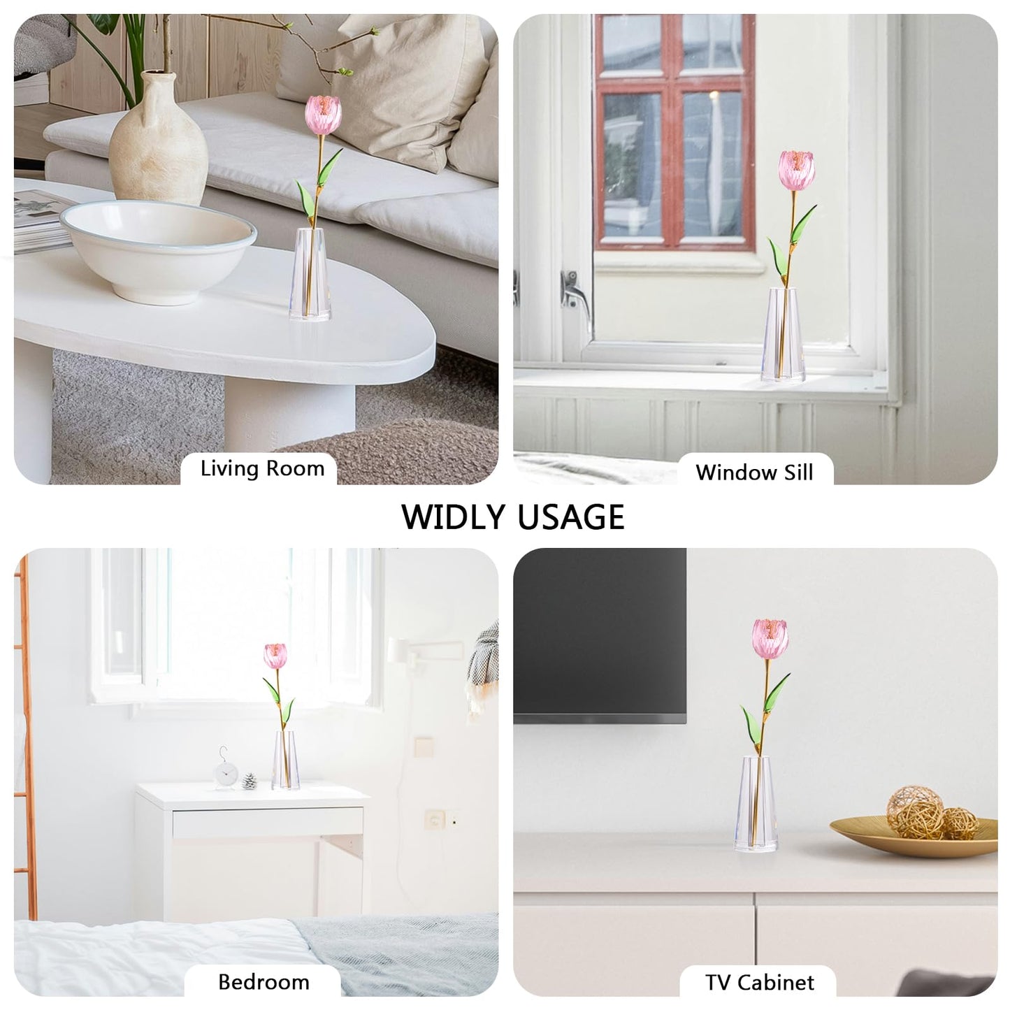 RONG KRISTO Crystal Tulip Collectible Figurines Glass Flower with Vase Artificial Flowers Home Decor Gift for Women Momļ¼Pinkļ¼