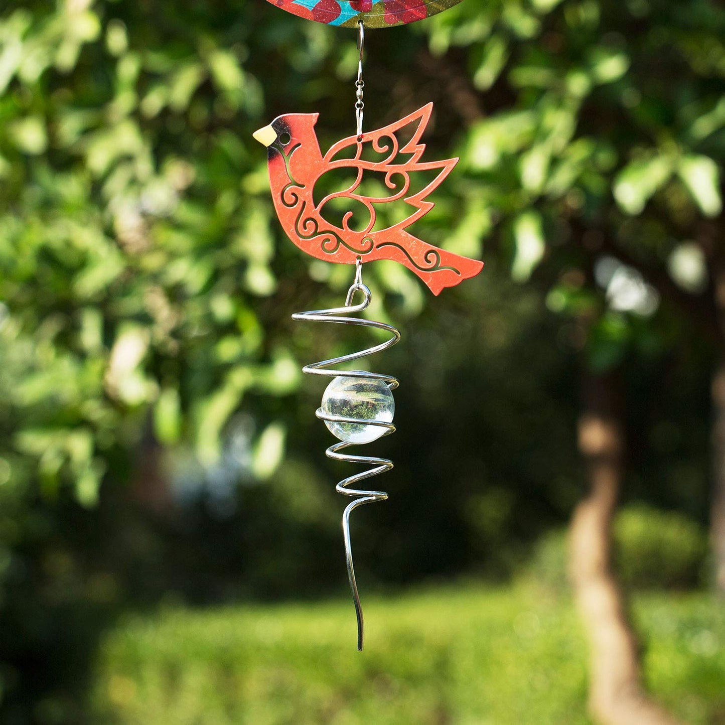 Topadorn Cardinal Wind Spinner with Crystal Glass Ball, 18" Metal Hanging Bird Spinner for Garden, Patio, Porch & Memorial Outdoor Decor