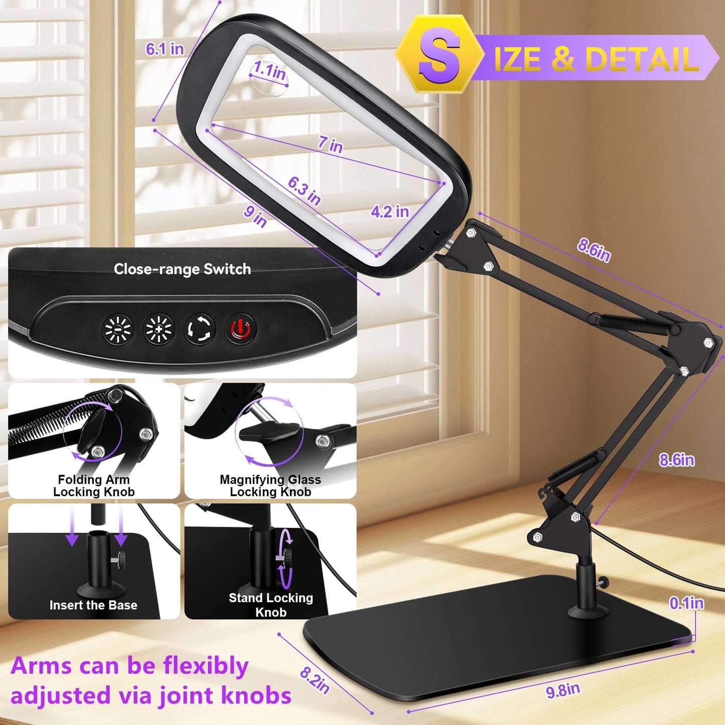 10X 30X Extra Large Magnifying Glass with Light and Stand,7-inch Lighted Magnifier,5 Color Modes Stepless Dimmable,Rectangle Hands-Free Magnifying Glass Desk Lamp for Reading Craft Hobby Close Work LB