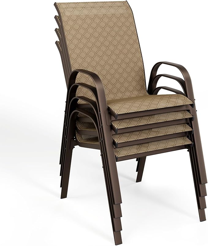SWITTE Patio Chairs Set of 4 with Armrests, Outdoor Stackable Dining Chairs with Breathable Backrest and Metal Frame for Lawn, Garden, Deck, Poolside, Beige