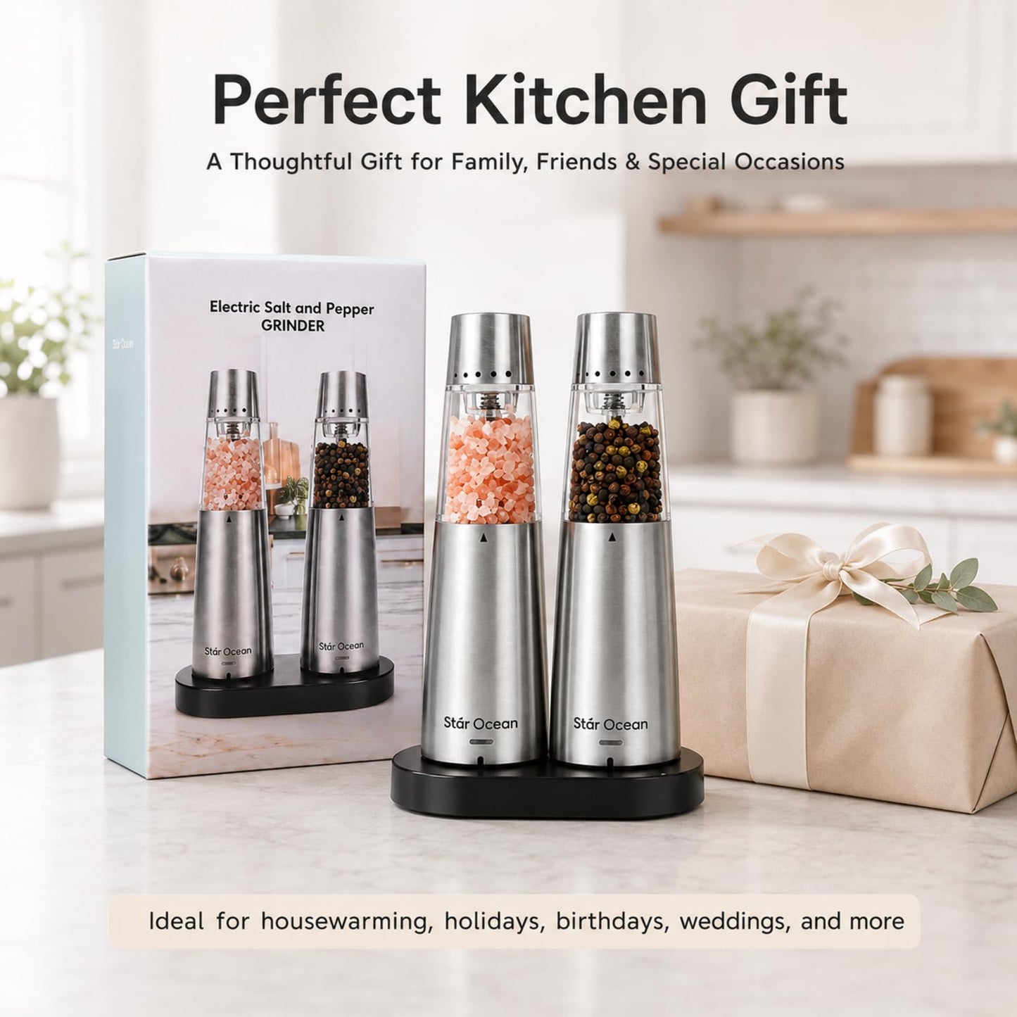 StarOcean Rechargeable Electric Salt and Pepper Grinder Set with USB-C Charging Base, Stainless Steel Automatic Gravity Grinders, 5 Adjustable Coarseness, Kitchen Gift