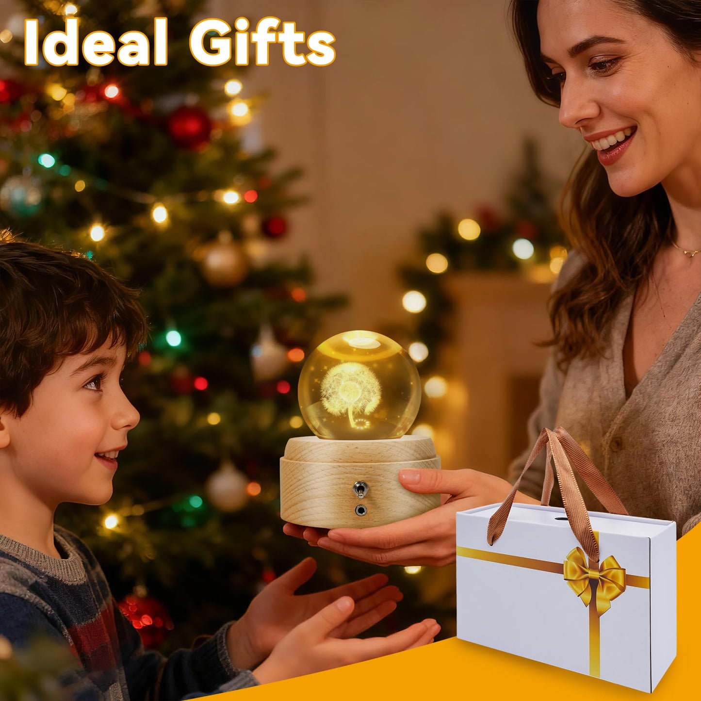 XKELFX 3D Crystal Ball Music Box, with Projection LED Lights, Rotating Wooden Base, Musical Box Gift for Birthday, Christmas, Valentine's Day, for Women Mom Daughter Girls (Dandelion)