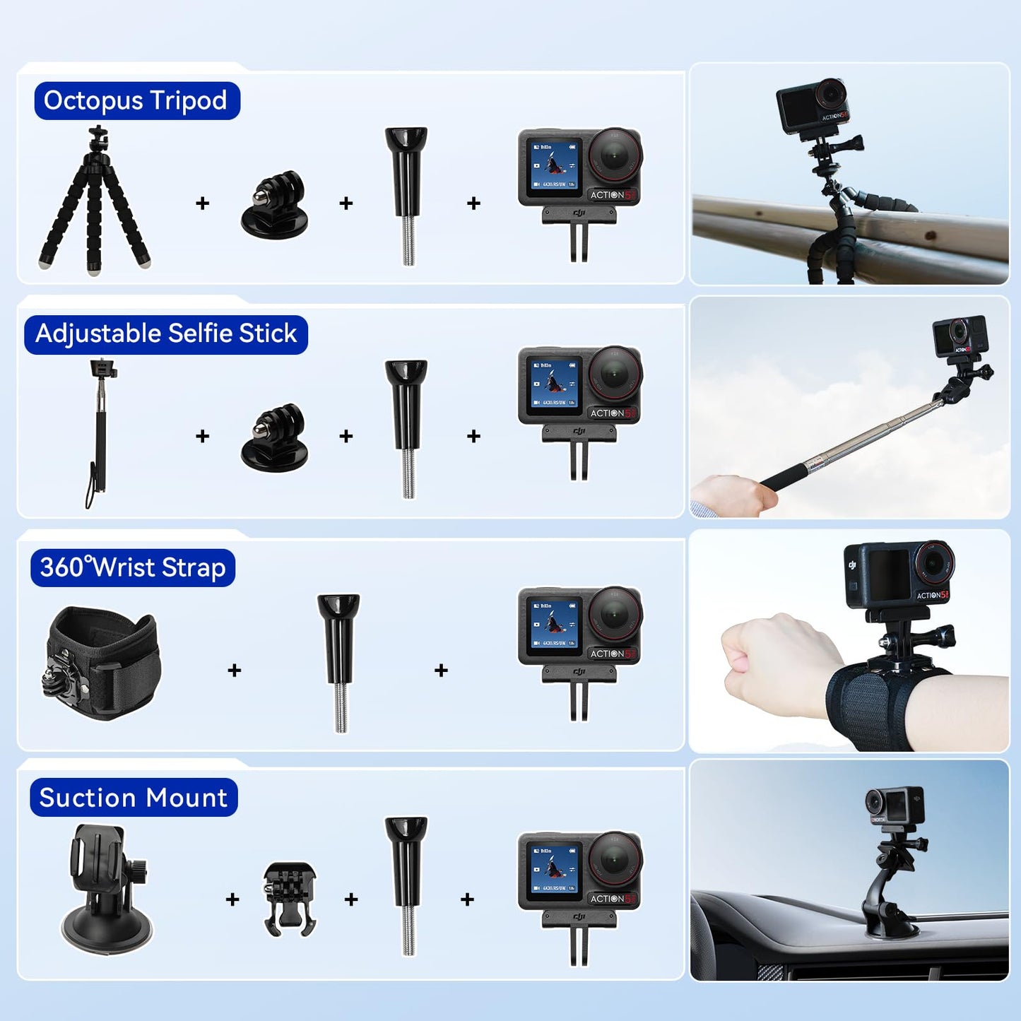 DJI Osmo Action 5 Pro Standard Combo,with 58 Piece Accessory Kit+ 64GB Card - Waterproof Action Camera with 1/1.3" Sensor, 4K/120fps Video, Action Camera 4K Ideal for Sports (Total 1 Battery)