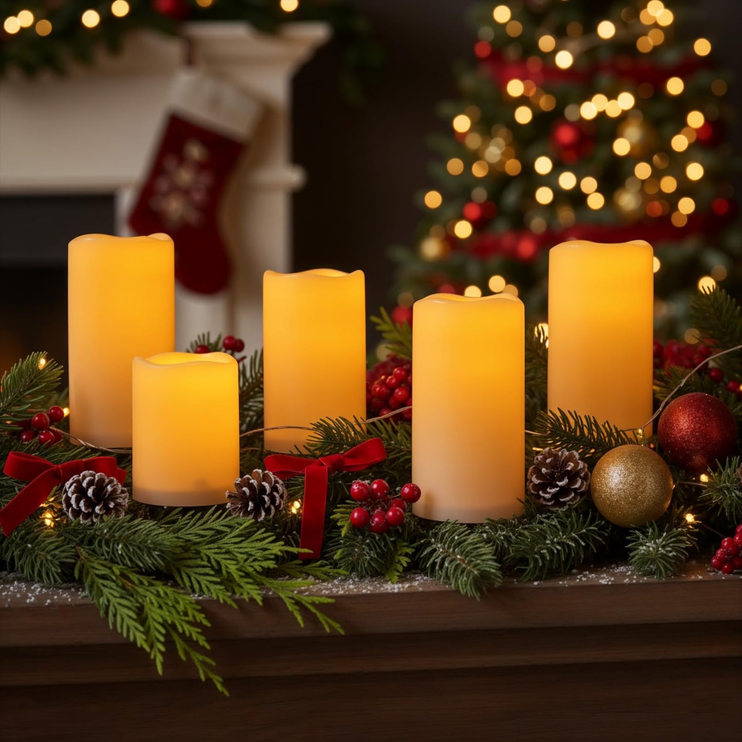 Raycare Outdoor Waterproof Flameless Candles-Auto Light Sensor Dusk to Dawn, Flickering LED Candle, Battery Operated Electric Fake Pillar Candle for Garden, Porch, Patio Decor, (D3 xH4 5" 6" 6" 6")