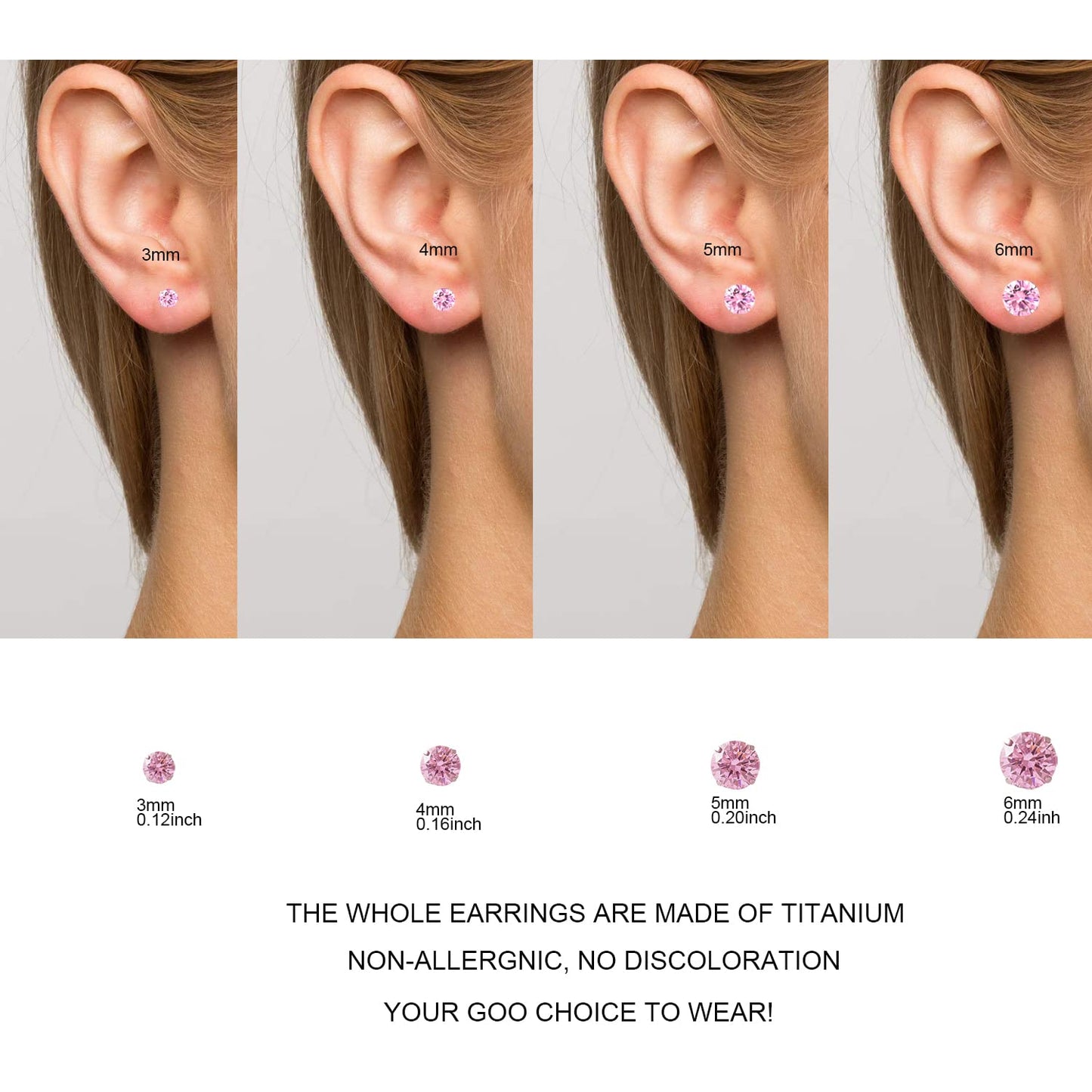 1 Pair Implant Grade Titanium Stud Earrings Set Hypoallergenic 3mm 4mm 5mm 6mm Cubic Zirconia G23 Titanium Earring Studs for Women Men for Sensitive Ear (3mm pink)