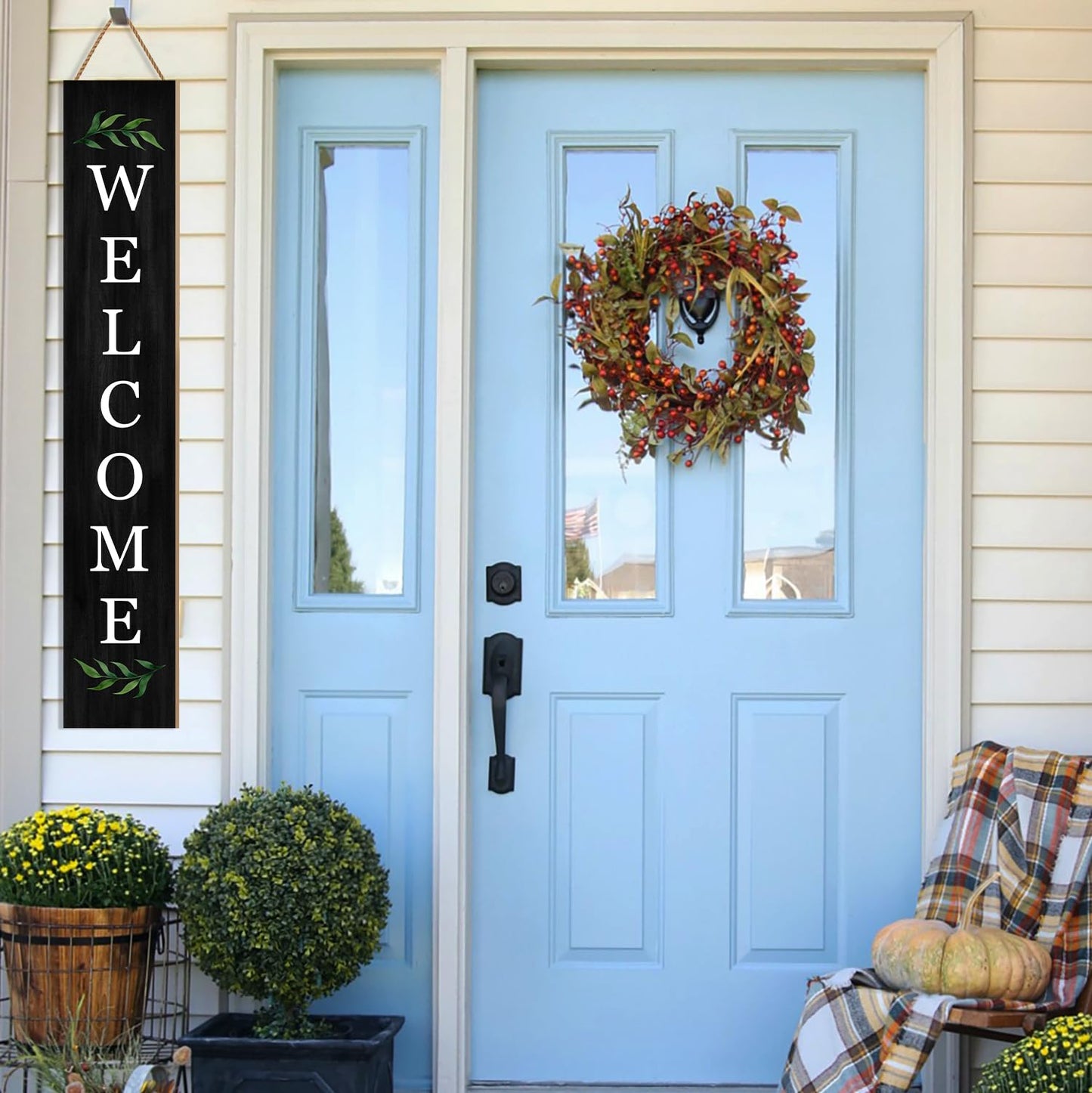 Welcome Wooden Porch Sign 47" Front Door Rustic Standing Large Welcome Porch Sign for Home Front Door Yard Season Party Decor (Black)