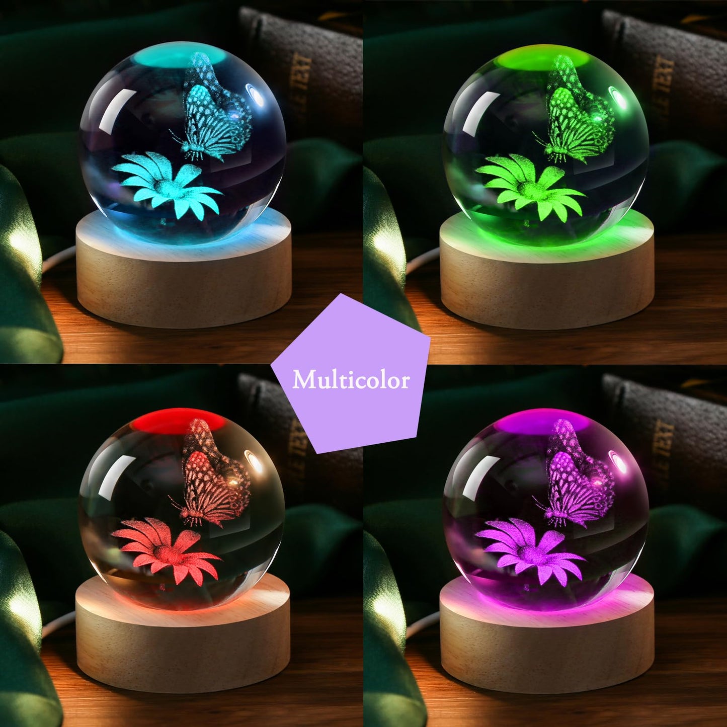 IFOLAINA Butterfly Crystal Ball Gifts Ideas for Girlfriend Wife Mom Couple Her Bithday Mothers Day 3D Butterfly on Sunflower Night Light Decorative Globes Room Decor