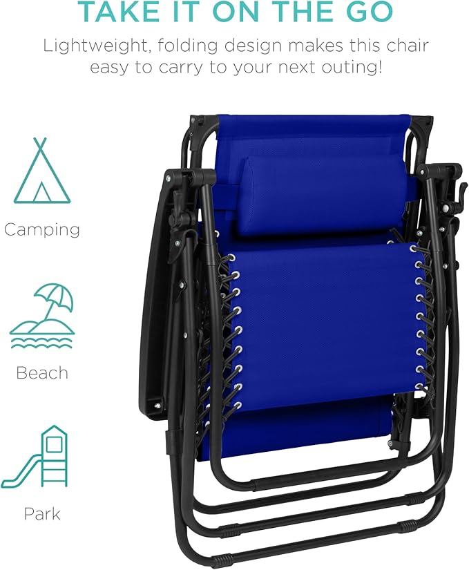 Best Choice Products 30” Wide Folding Zero Gravity Outdoor Recliner Patio Lounge Chair w/Adjustable Canopy Shade, Headrest, Side Accessory Tray - Cobalt Blue