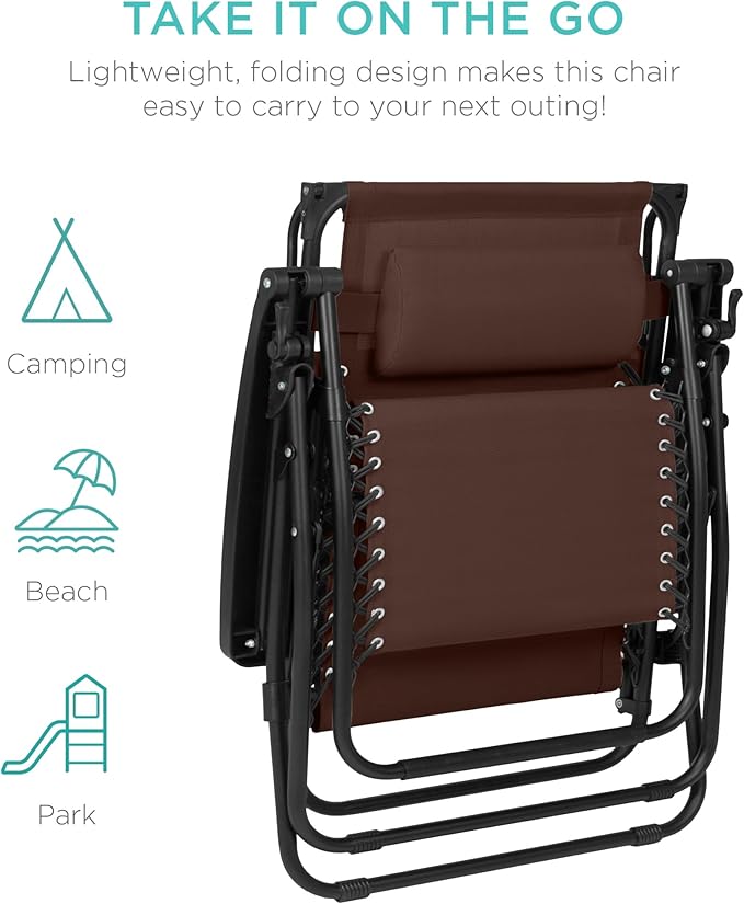 Best Choice Products 30” Wide Folding Zero Gravity Outdoor Recliner Patio Lounge Chair w/Adjustable Canopy Shade, Headrest, Side Accessory Tray - Brown