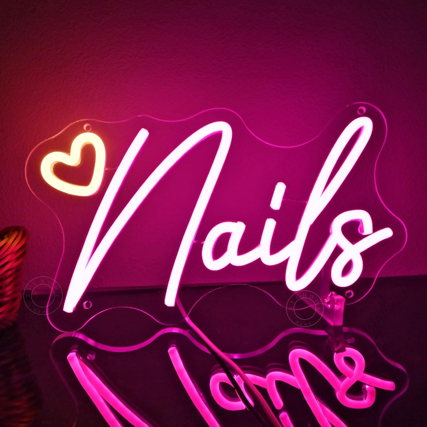 SYLHOME Led Neon Light Sign Nails With Heart Nail Studio Beauty Salon Business Makep Room Wall Sign Decor Birthday Party Backdrop 11.81" X 6.7" USB