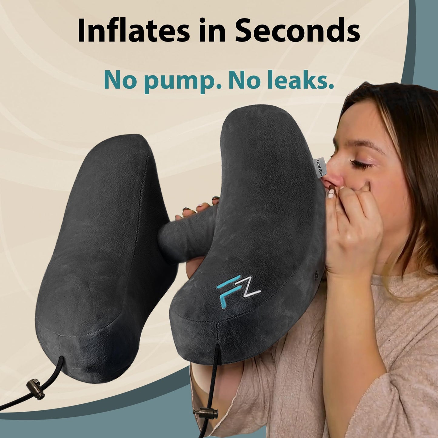 FLOWZOOM Air Inflatable Neck Pillow for Travel – H-Shape Airplane Pillow with 5 Sleeping Positions, Quick Inflation, Adjustable Pressure, Detachable Hood, Soft Plush Cover – Size M, Black