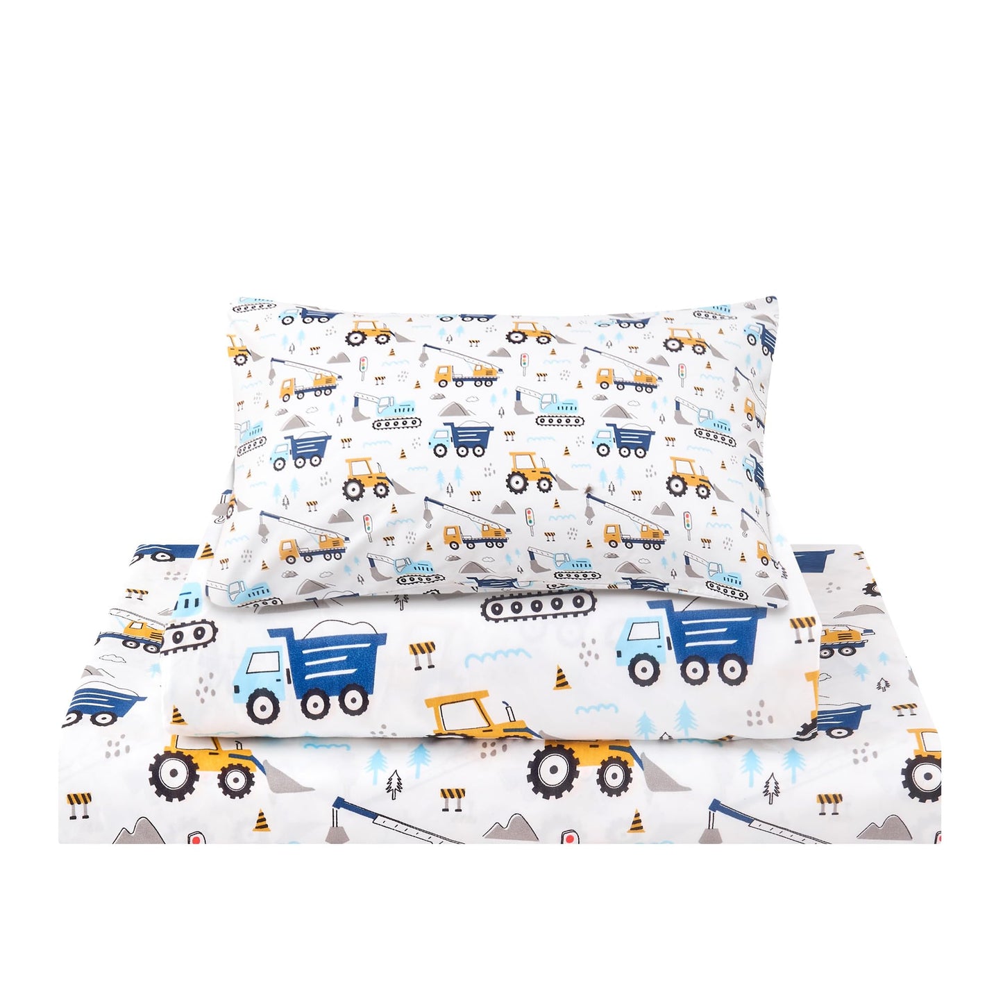 lasoftan Kids Sheet Set Twin Size 3 Pcs, Boys Sheet Set with Blue Excavator Car Pattern,Kids Boys Twin Fitted Sheet,Breathable & Silky Soft Microfiber Fitted Sheet