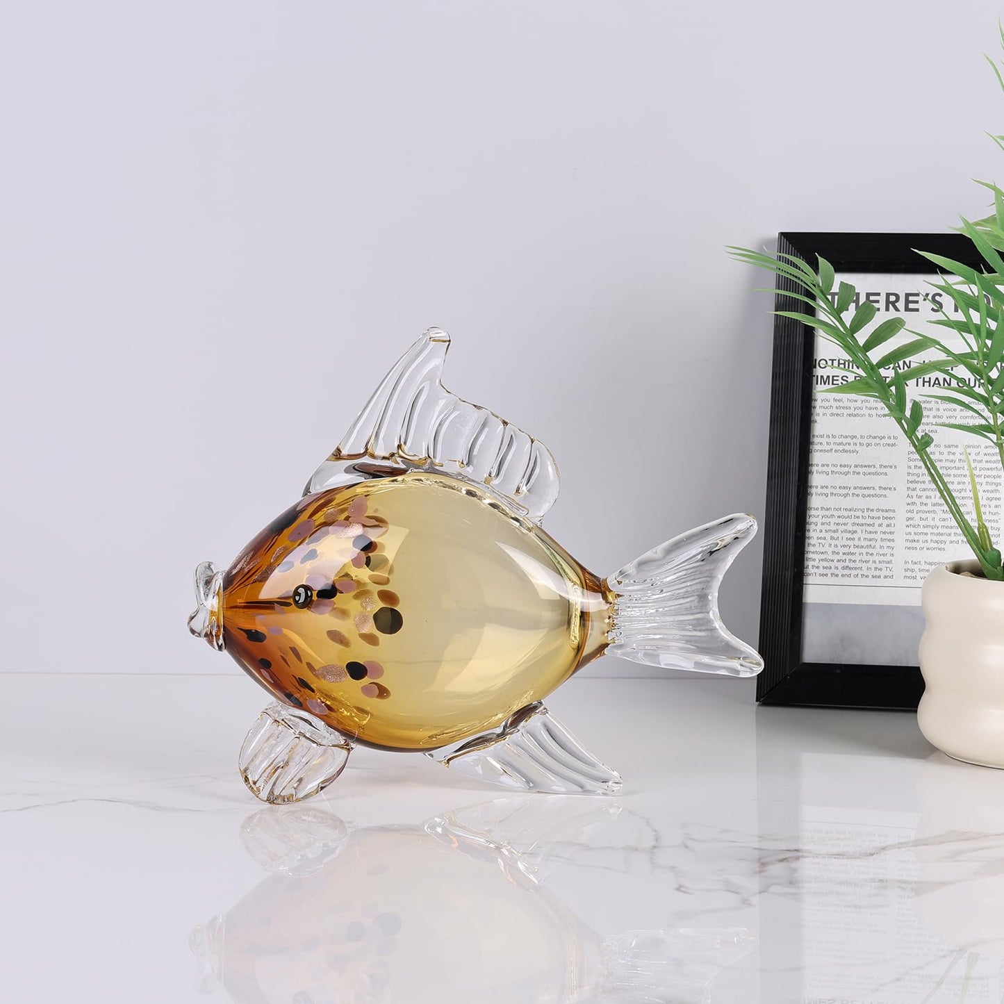 LINYTHER Large Glass Fish Figurine for Home Decor, Hand Blown Art Glass Ocean Animal Statue, Decorative Coastal and Beach Themed Sculpture for Table, Shelf, Bathroom, Living Room or Office